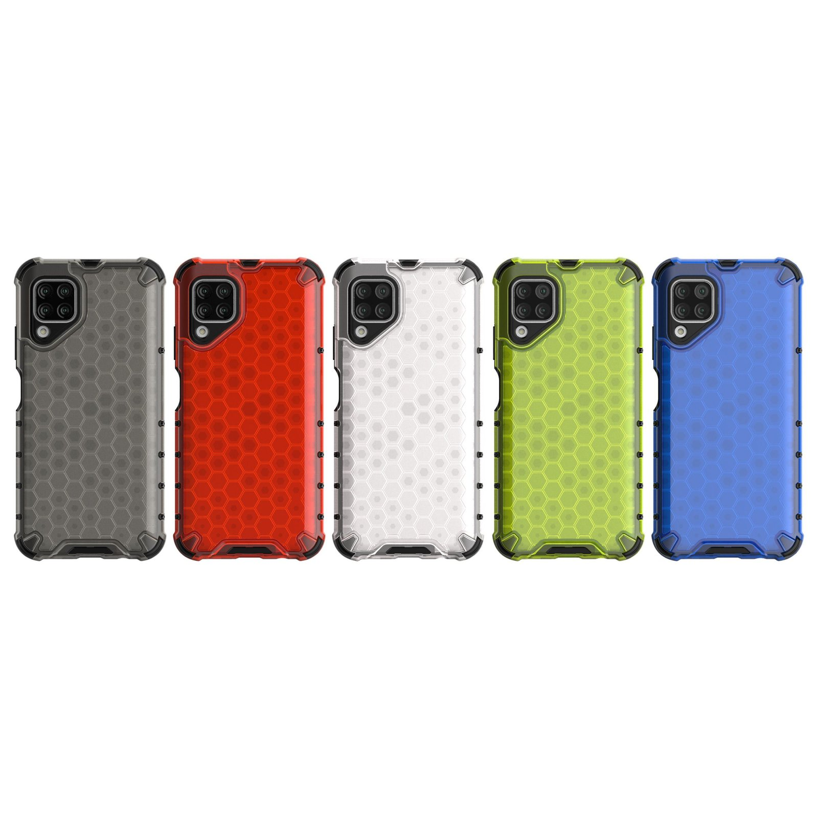 Cinco fundas de teléfono en fila. Gris, rojo, blanco, verde y azul. Bordes negros.