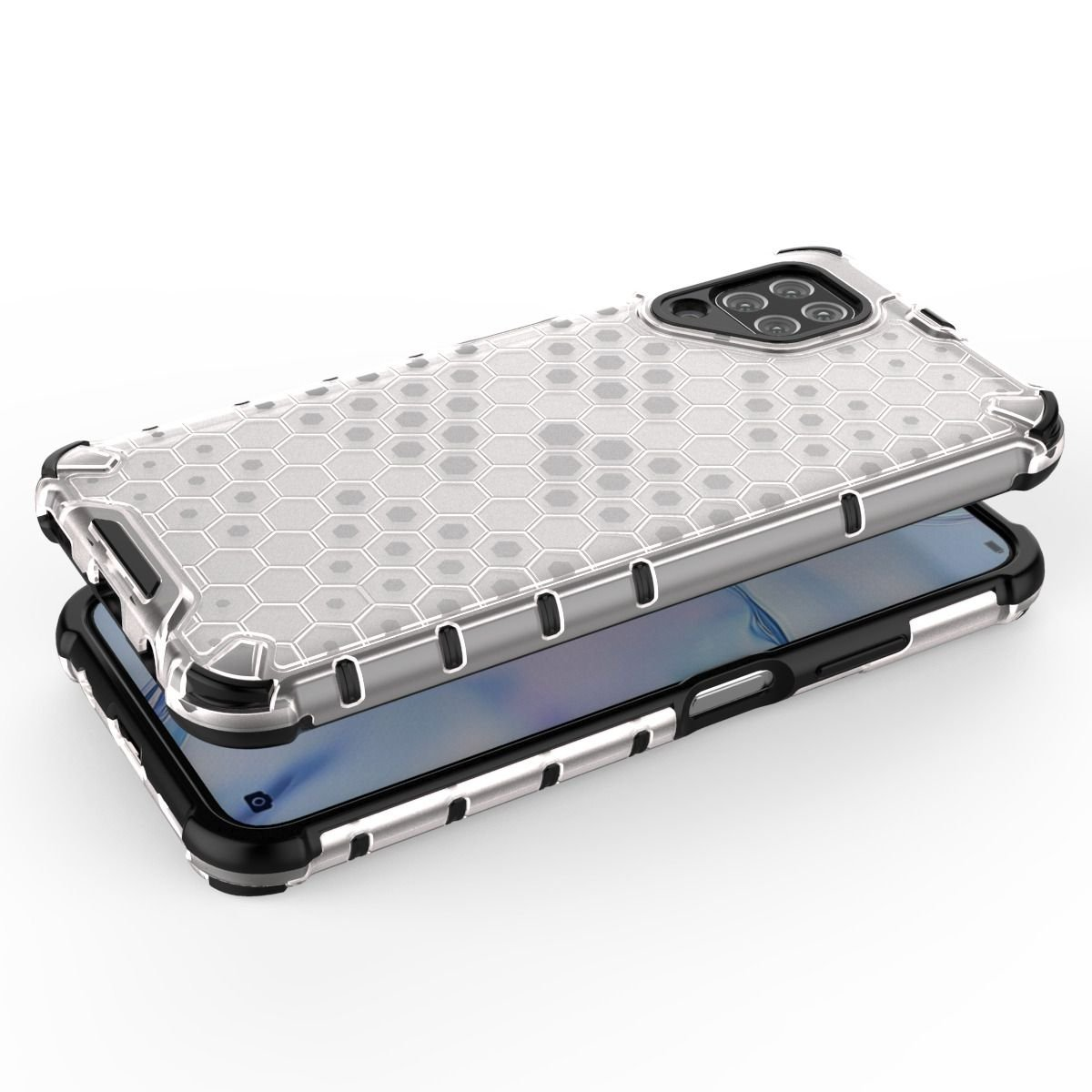 Funda de teléfono con patrón de panal. Teléfono debajo. Fondo blanco.
