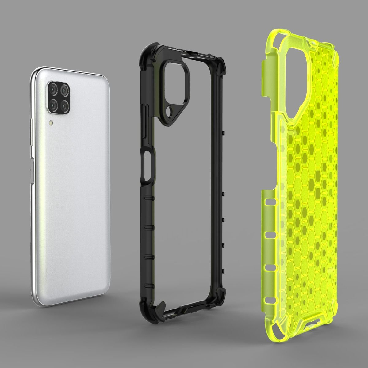 Teléfono, partes de la funda: teléfono plateado, marco negro, funda de panal verde. Fondo gris.