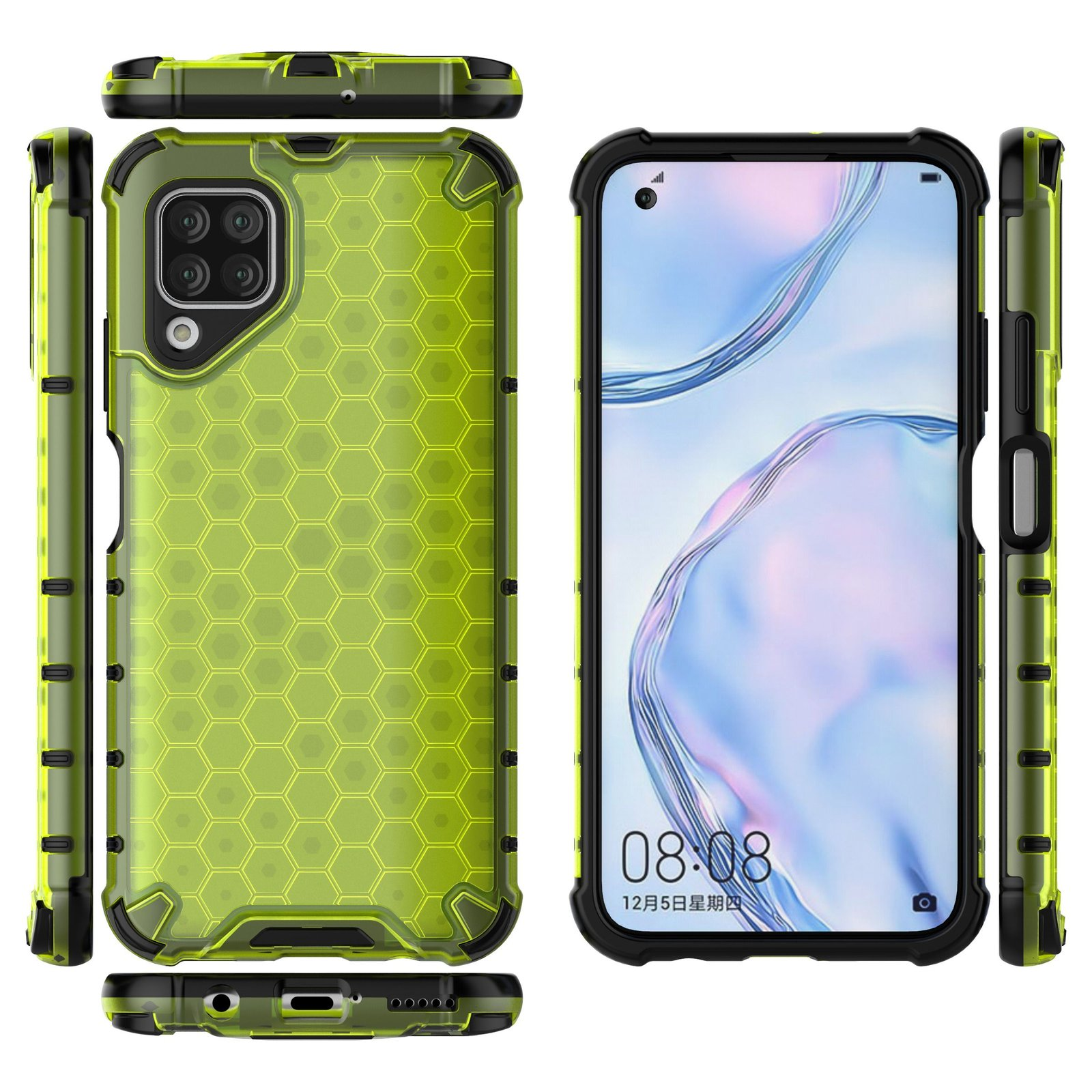 Funda de teléfono con patrón de panal. Marco negro y verde. Teléfono, vista desde varios ángulos. Fondo blanco.