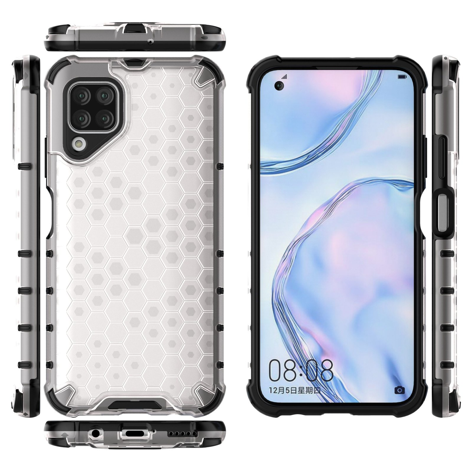 Funda de teléfono en múltiples vistas. Marco gris y negro con parte trasera transparente con patrón hexagonal. Muestra el teléfono.