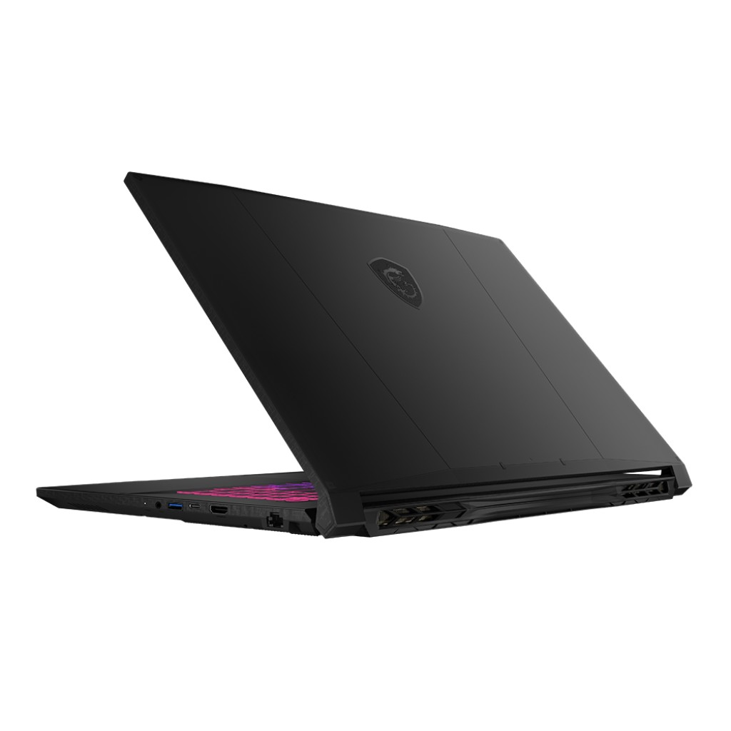 Laptop MSI nero, vista posteriore, leggermente aperto. Mostra il logo. Luci rosa della tastiera visibili. Sfondo bianco.