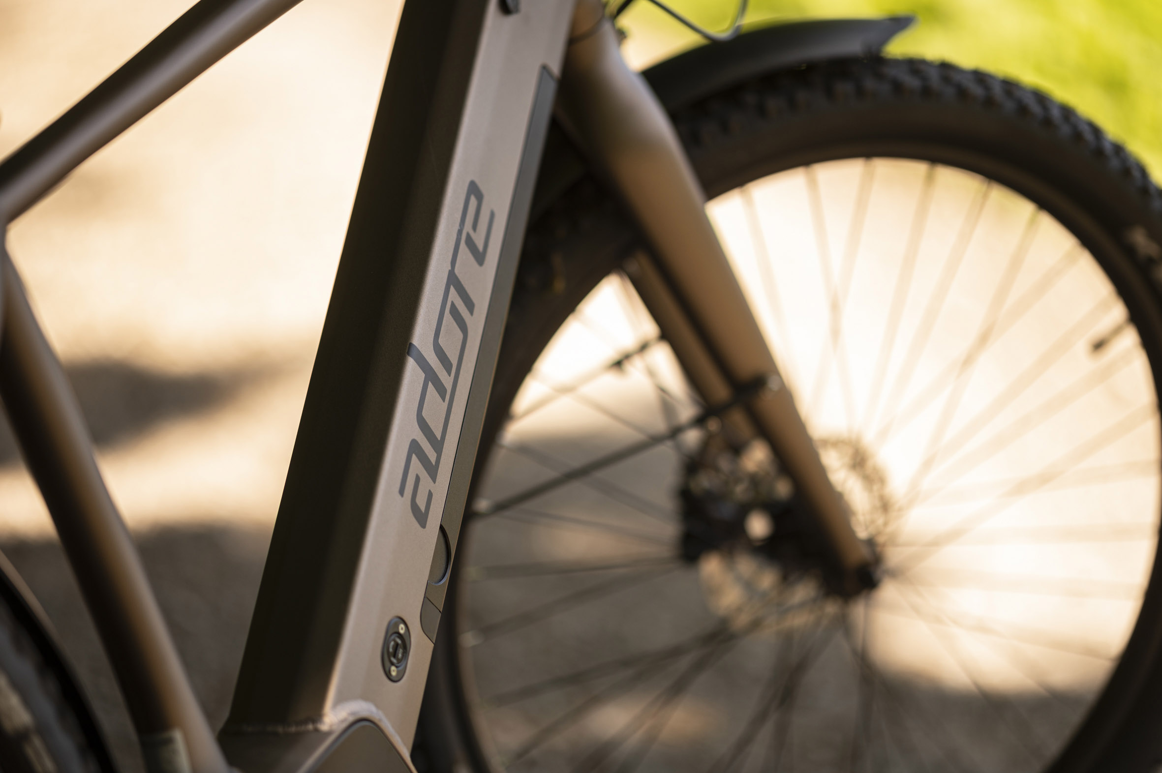 Nahaufnahme eines E-Bike-Rahmens mit der Aufschrift 'adore'. Das Vorderrad und ein verschwommener Hintergrund sind sichtbar.