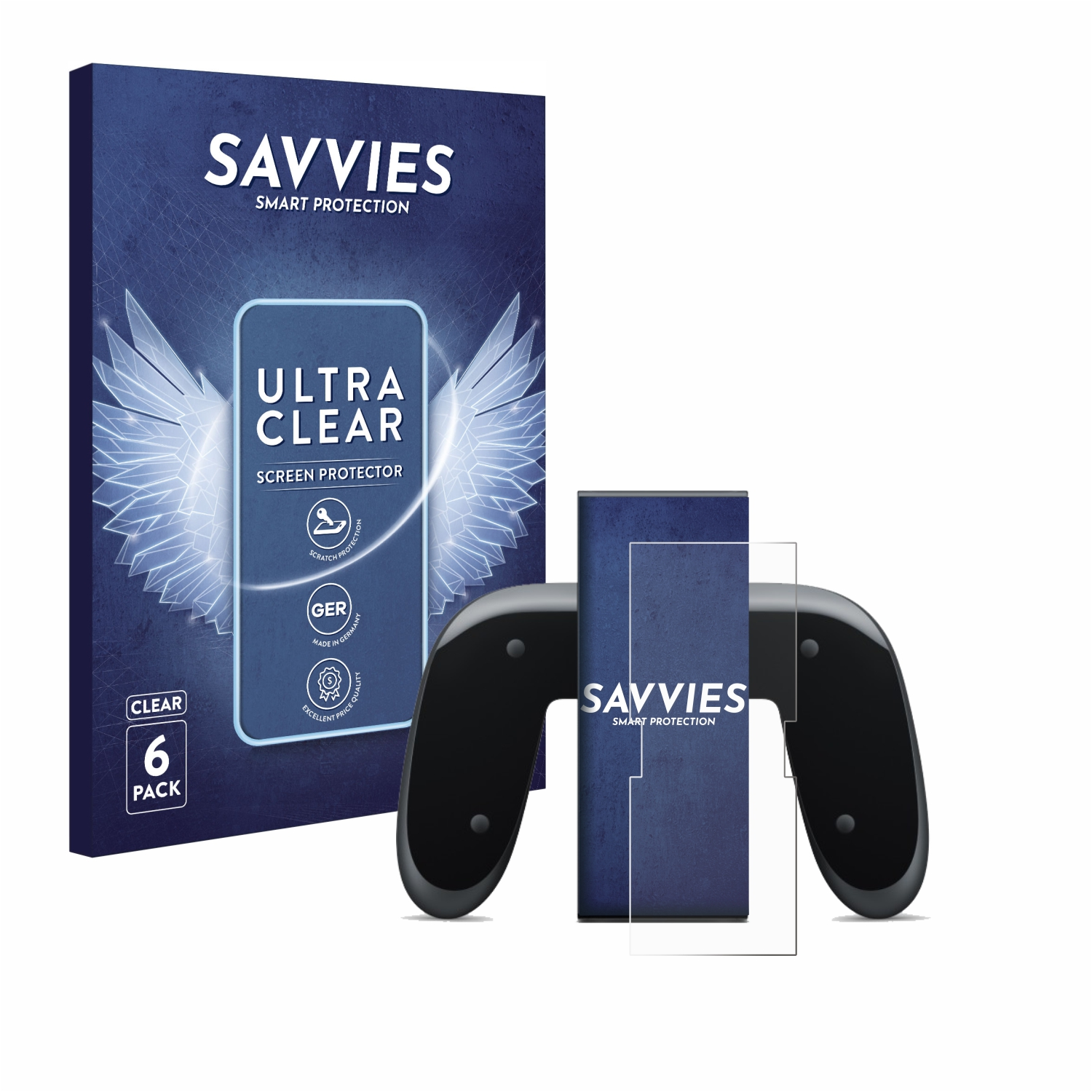 Schachtel mit Displayschutzfolien, Telefon und Schutz. Transparente Verpackung und schwarzer Gamecontroller und Schutz.