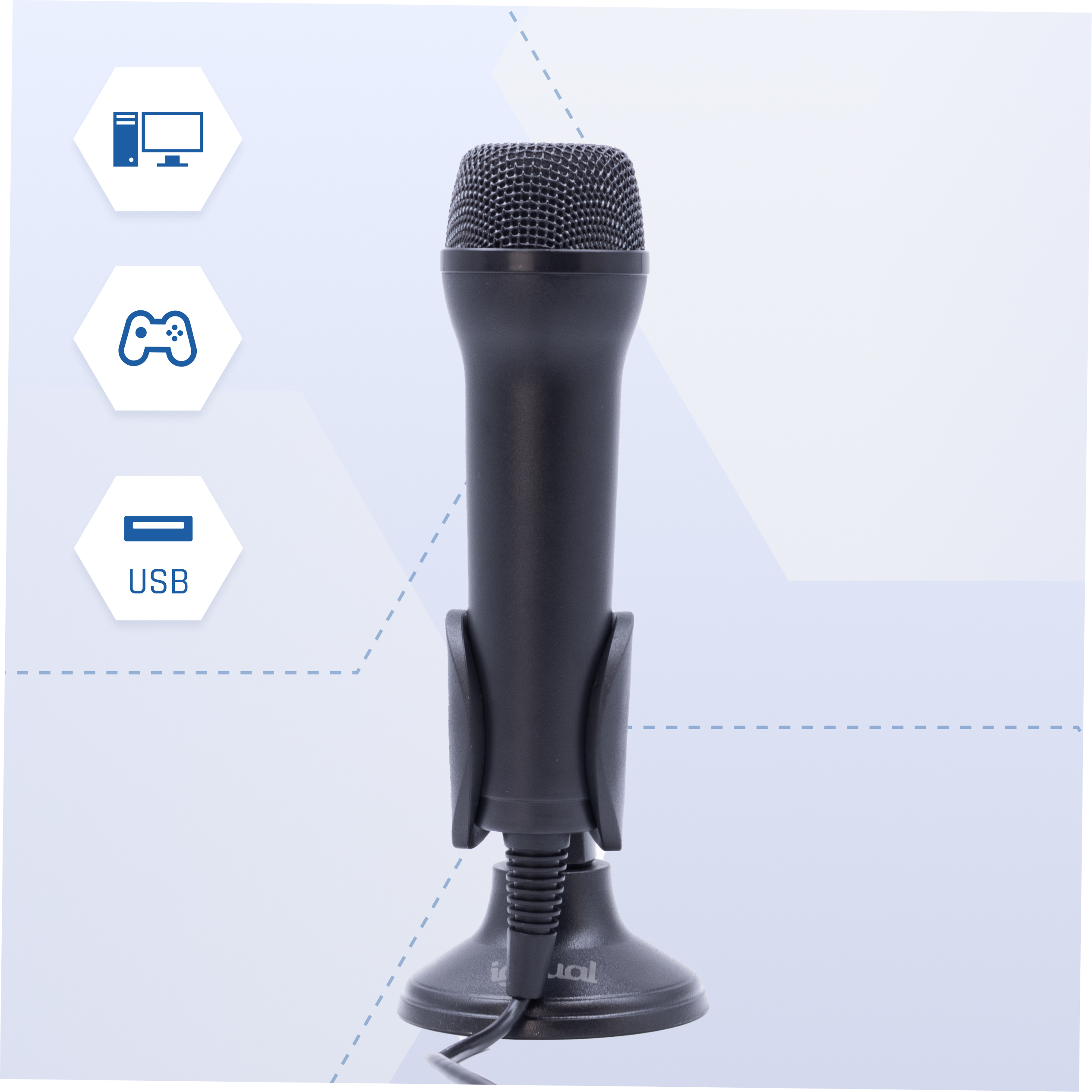 Micrófono negro con soporte. Hay iconos USB y de juegos. El fondo tiene líneas punteadas azules.
