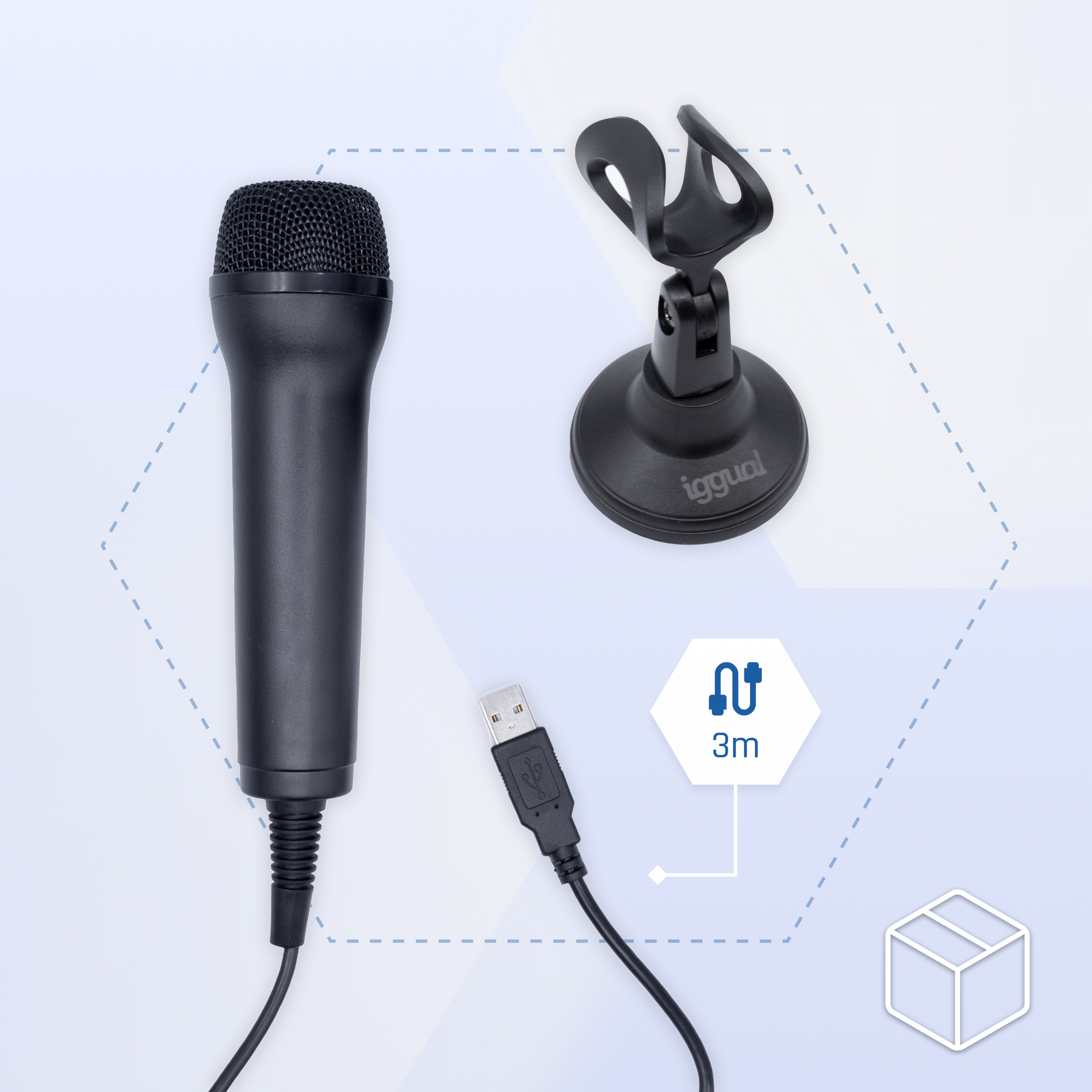 Micrófono negro con cable USB, soporte y soporte para teléfono. El soporte es negro, con un fondo blanco.