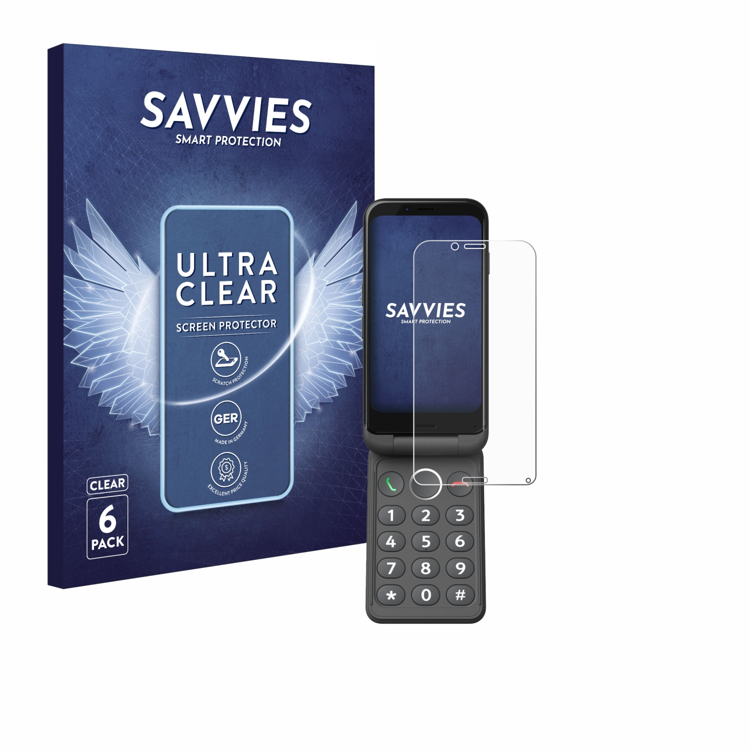 Ein Klapphandy, eine Displayschutzfolie und eine Box. Die Box hat ein Logo mit Flügeln. Das Telefon ist offen.