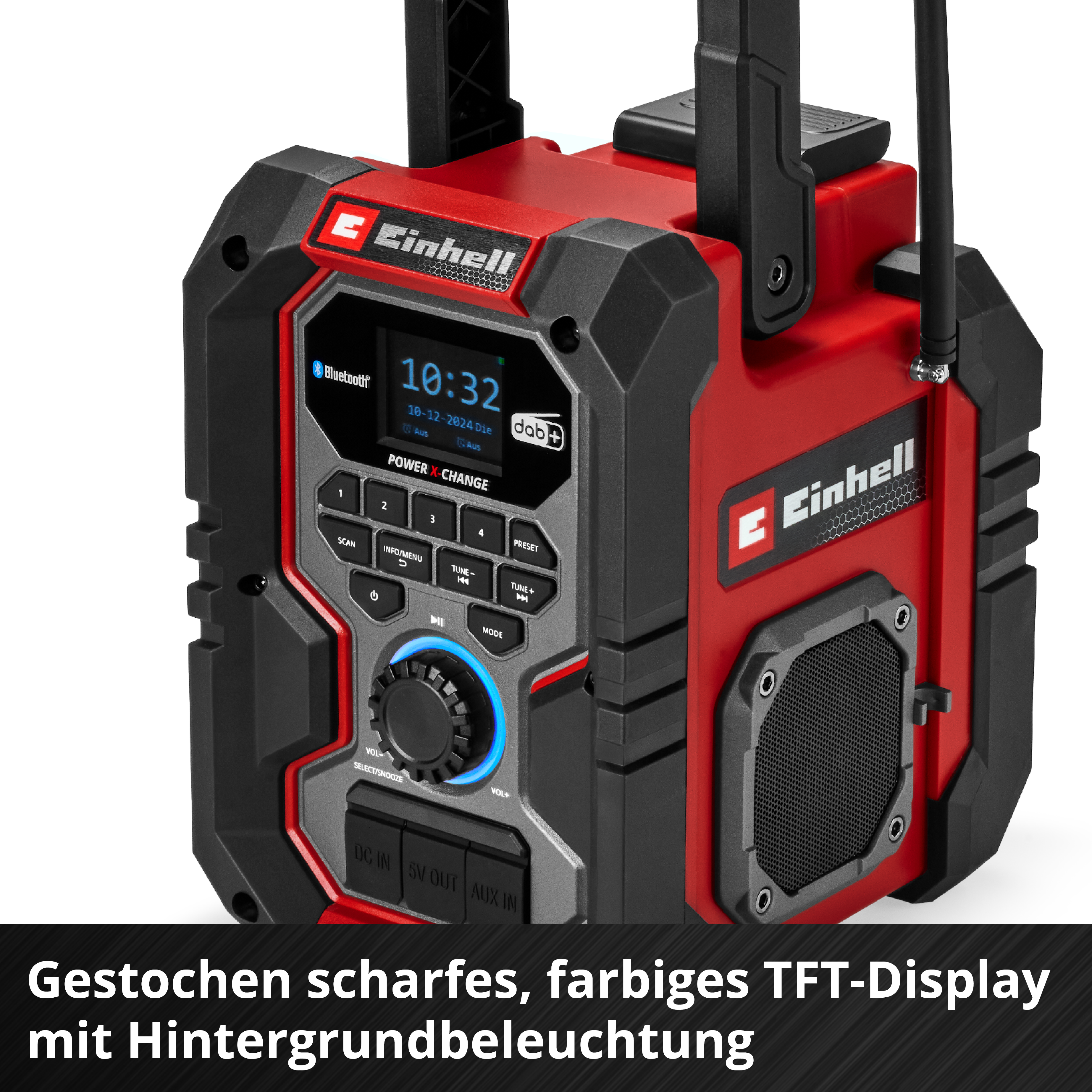 Nahaufnahme eines rot-schwarzen Radios mit einem Bildschirm, der Informationen und das Einhell-Logo anzeigt.