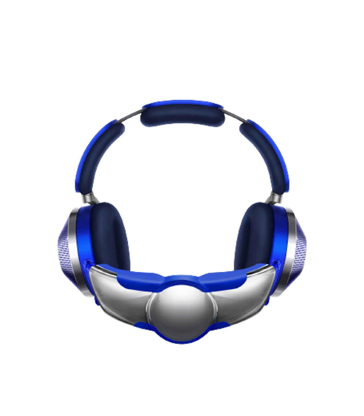 Niebieskie i srebrne słuchawki. Design obejmuje pałąk na szyję i nauszniki.