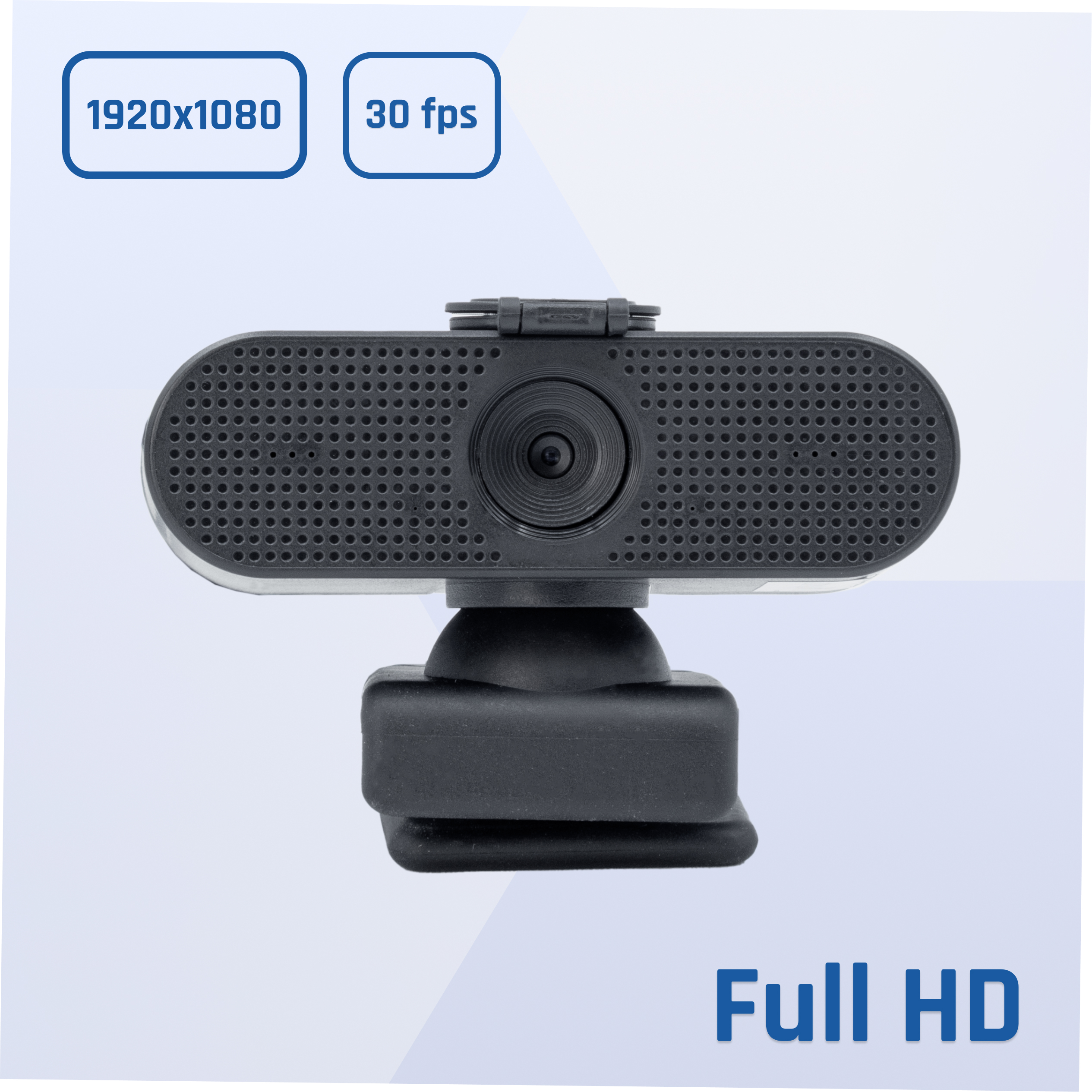 Czarna kamera internetowa z rozdzielczością Full HD i 30 kl./s, z rozdzielczością wyświetlaną na górze.