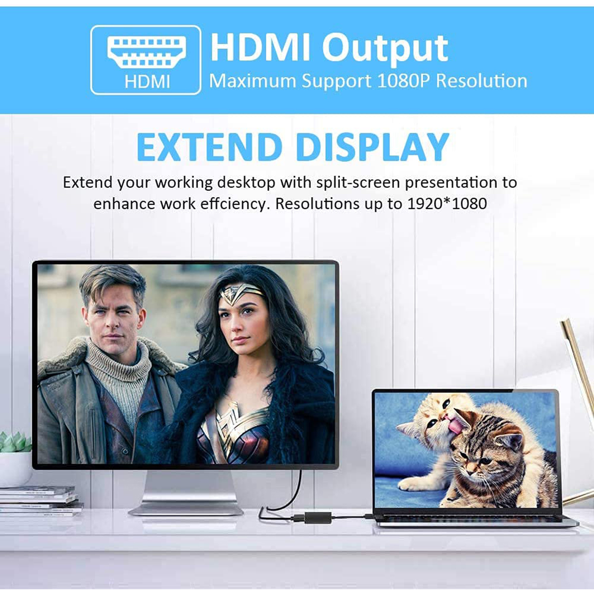 HDMI-Ausgabe-Setup mit Extend-Modus, Monitor und Laptop.