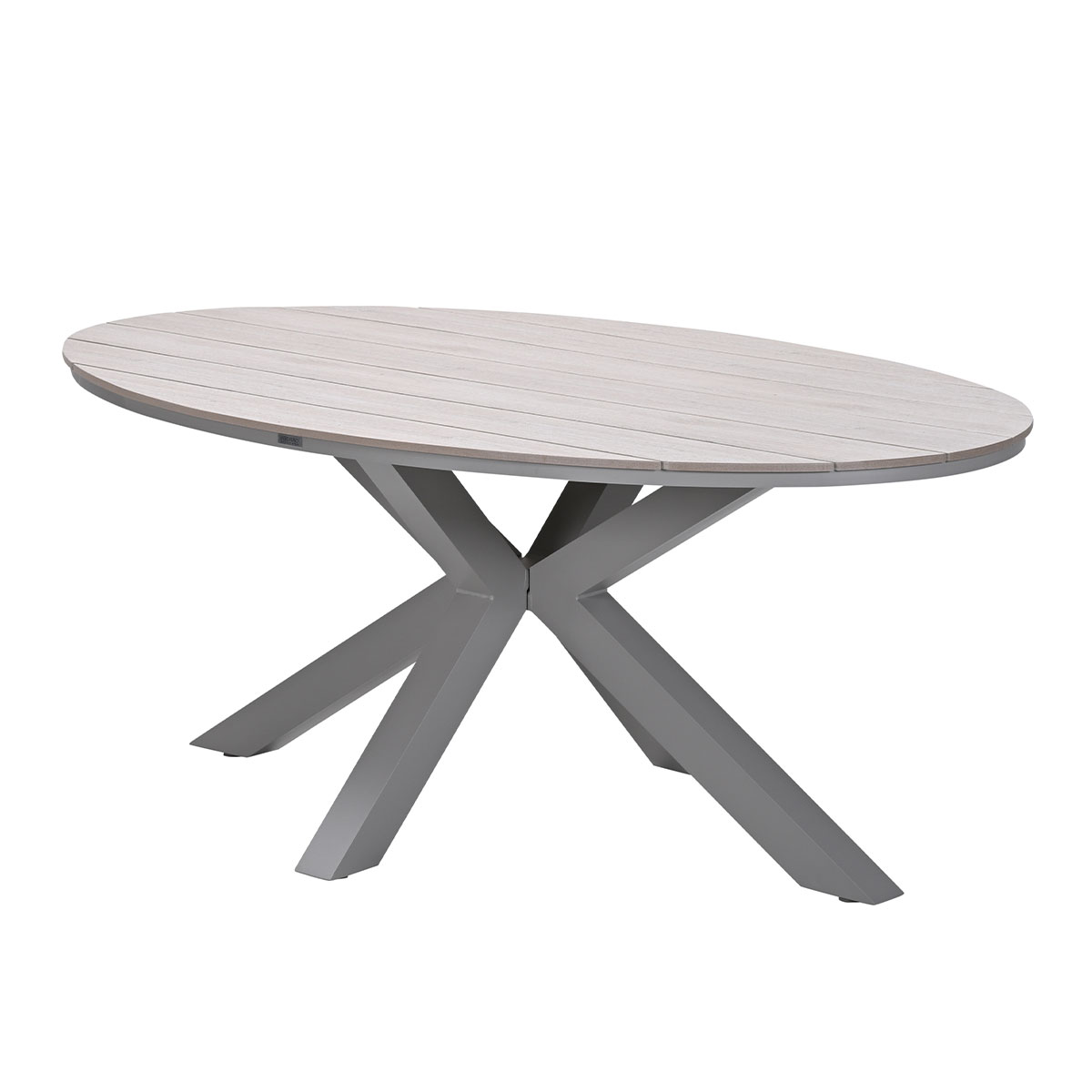 Oval light gray wooden table with gray legs. White background. The table has a modern design.