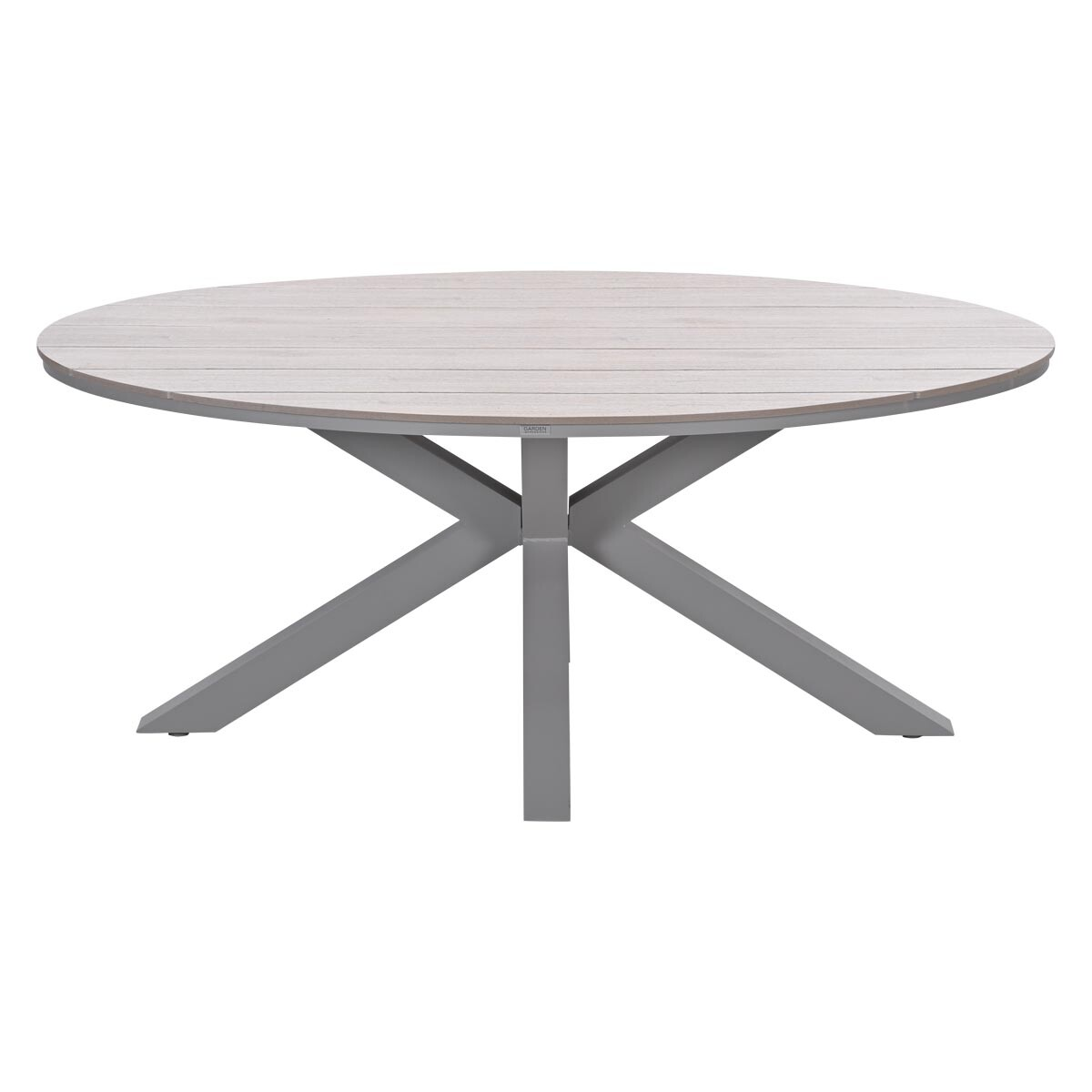 Round, light gray wooden table with gray legs. White background. The table has a modern design.