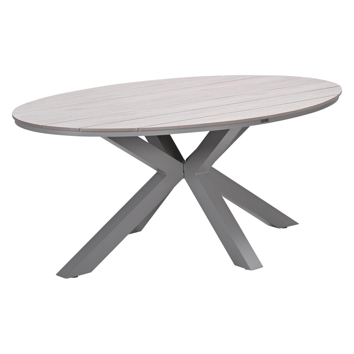 Oval, light gray wooden table with gray legs. White background. The table has a modern design.