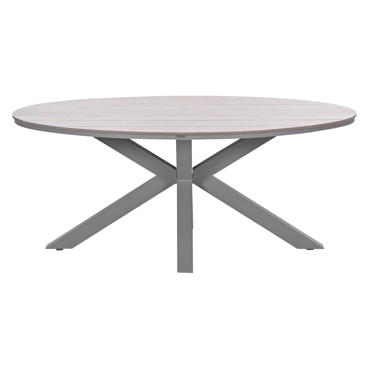 Round, light gray wooden table with gray legs. White background. The table has a modern design.