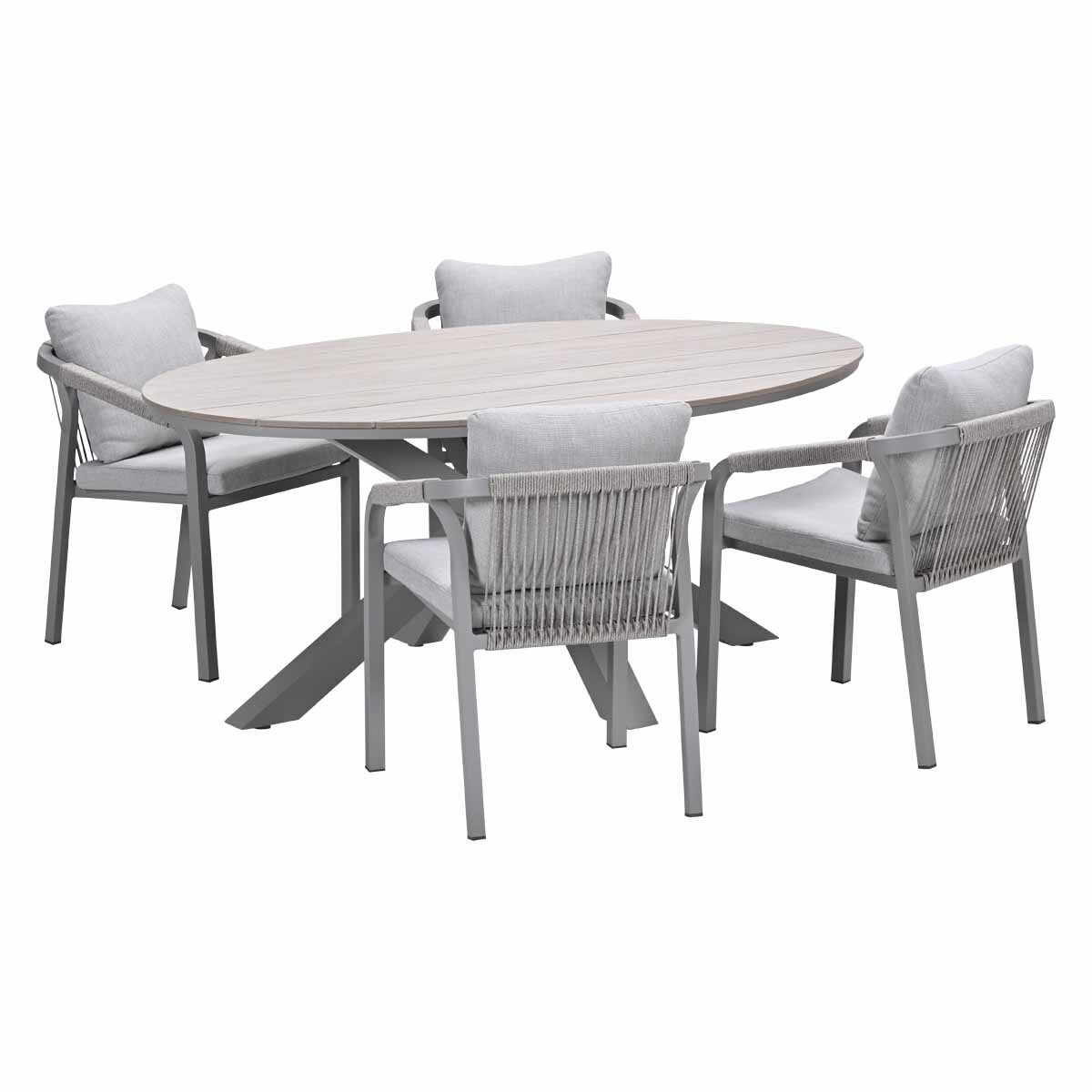 Een grijze eethoek voor buiten: ovale tafel en vier stoelen met grijze kussens.