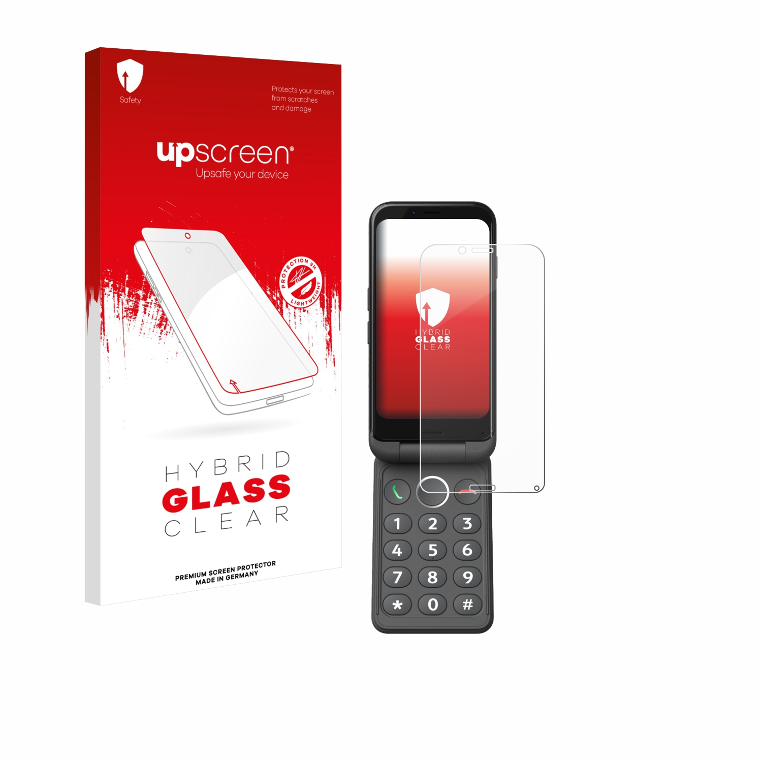 Das Bild zeigt einen Displayschutz, ein Telefon und eine Verpackung. Der Schutz und das Telefon sind nebeneinander.