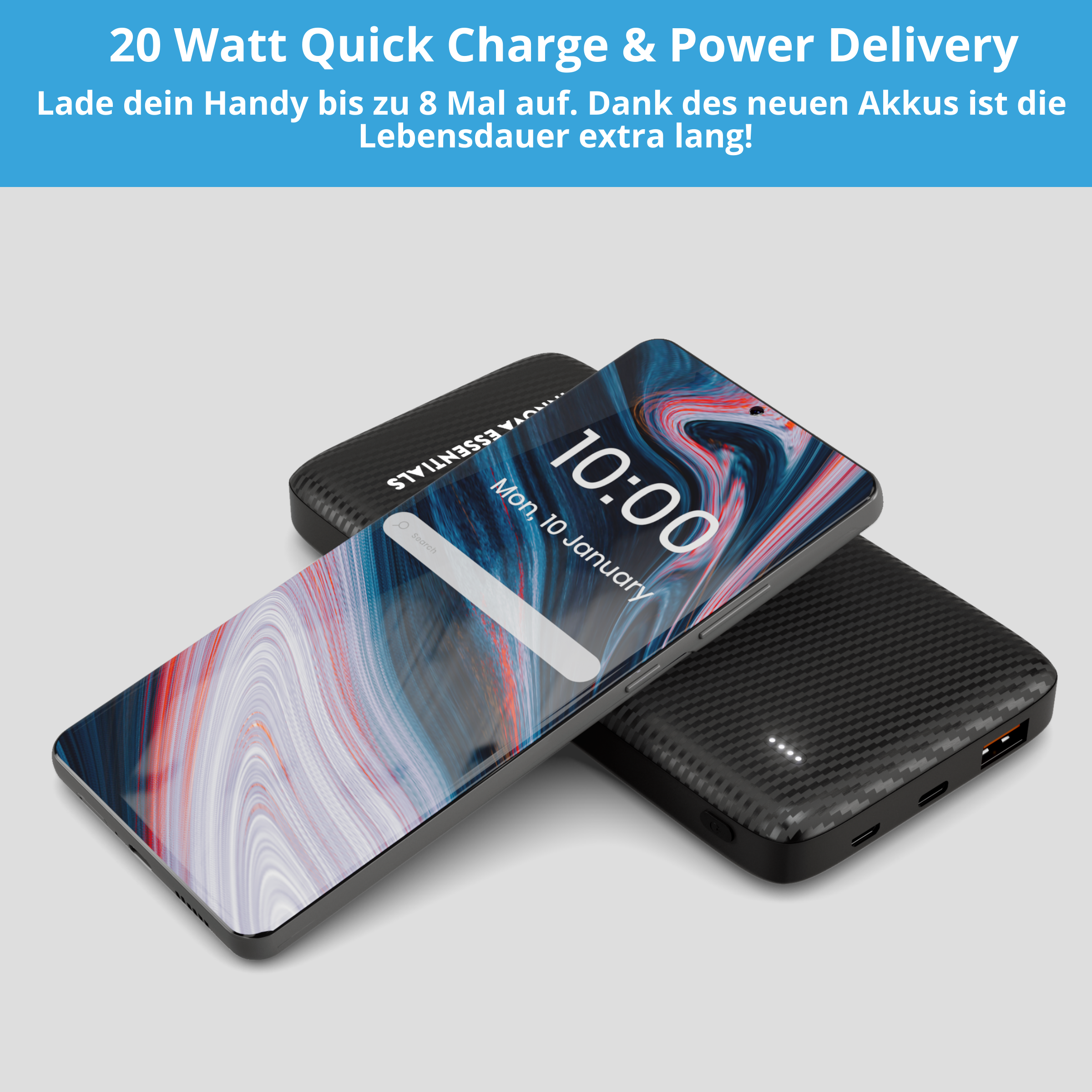 Ein Smartphone mit einer Powerbank, das den Bildschirm des Telefons mit der Uhrzeit '10:00' zeigt. Der Text beschreibt Leistung und Ladung.