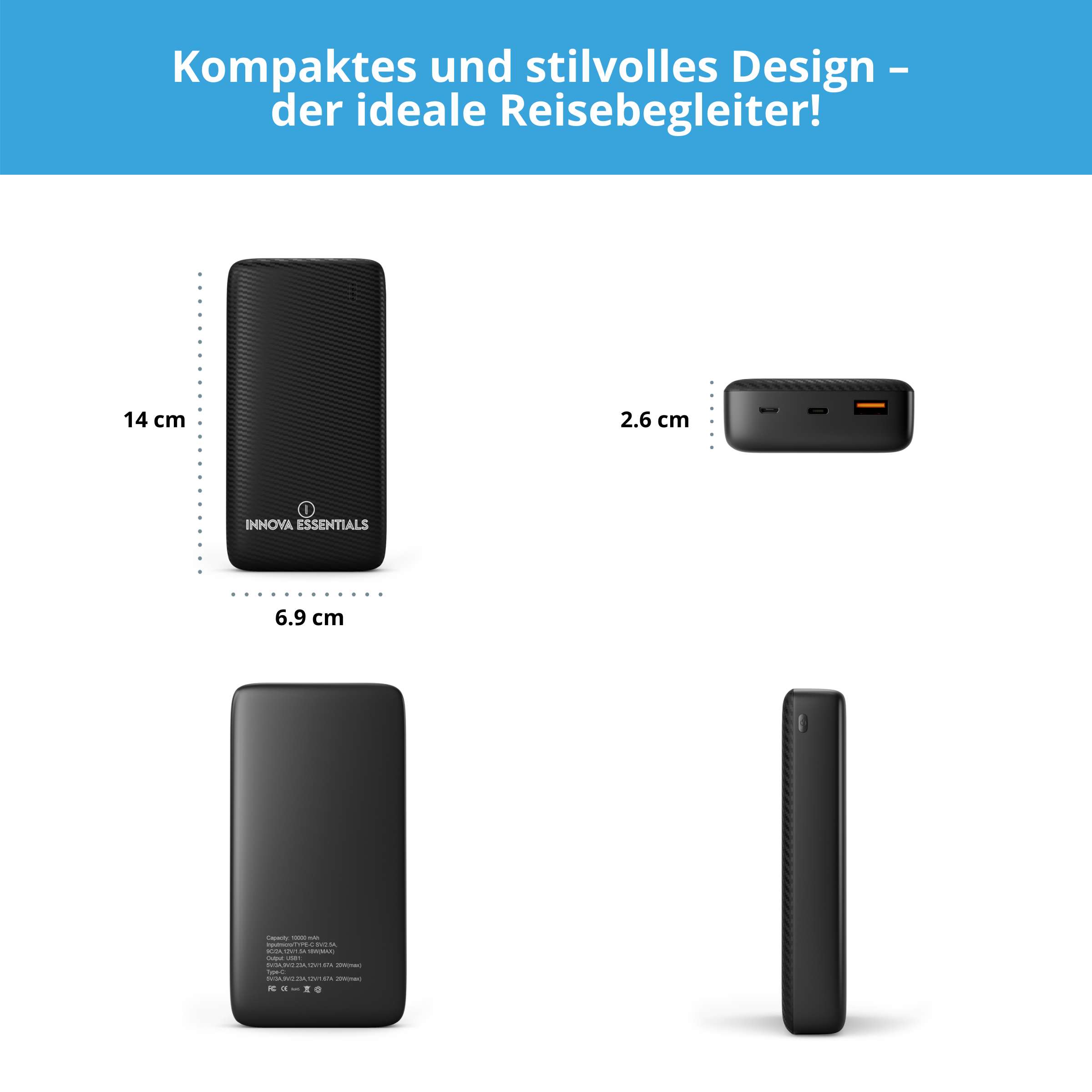 Schwarze Powerbank mit Abmessungen und dem Text 'Innova Essentials'. Der Text auf Deutsch spricht über ein kompaktes Design.
