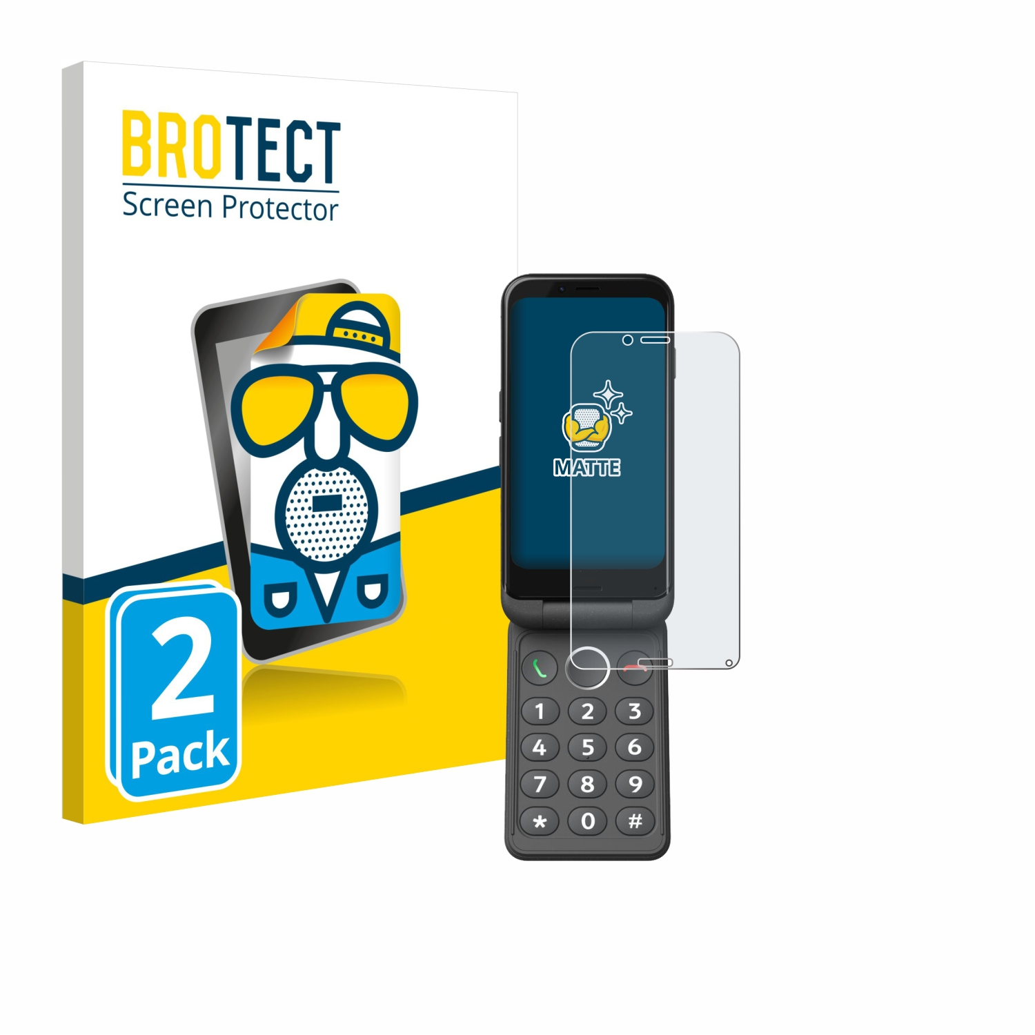 Displayschutzbox mit Telefonbild, Displayschutz und Klapphandy mit Tasten.