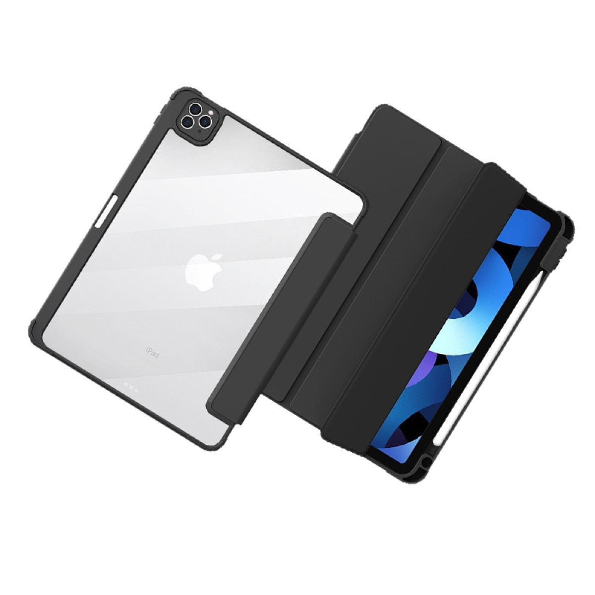 iPad in custodia nera, parzialmente aperto. Retro trasparente con logo Apple, cover nera angolata.