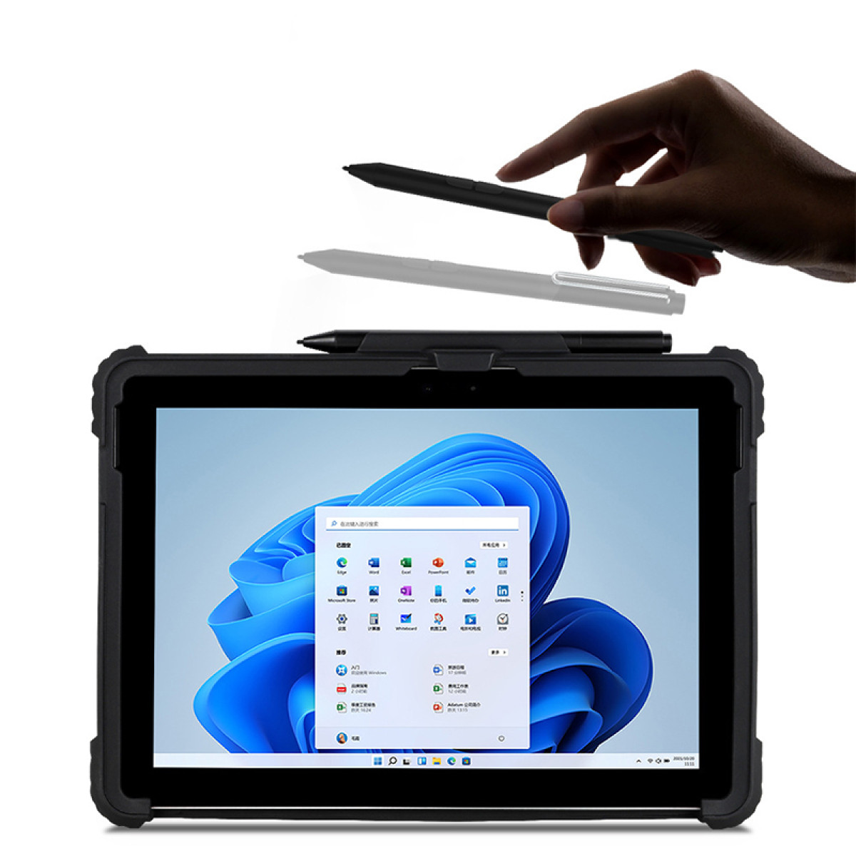 Tablet met een pen erboven, vastgehouden door een hand. Het scherm toont een Windows interface.