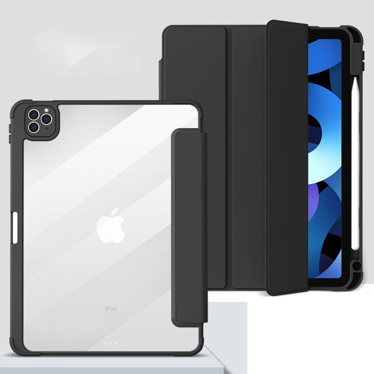 iPad in una custodia nera con retro trasparente e coperchio. Logo Apple visibile.