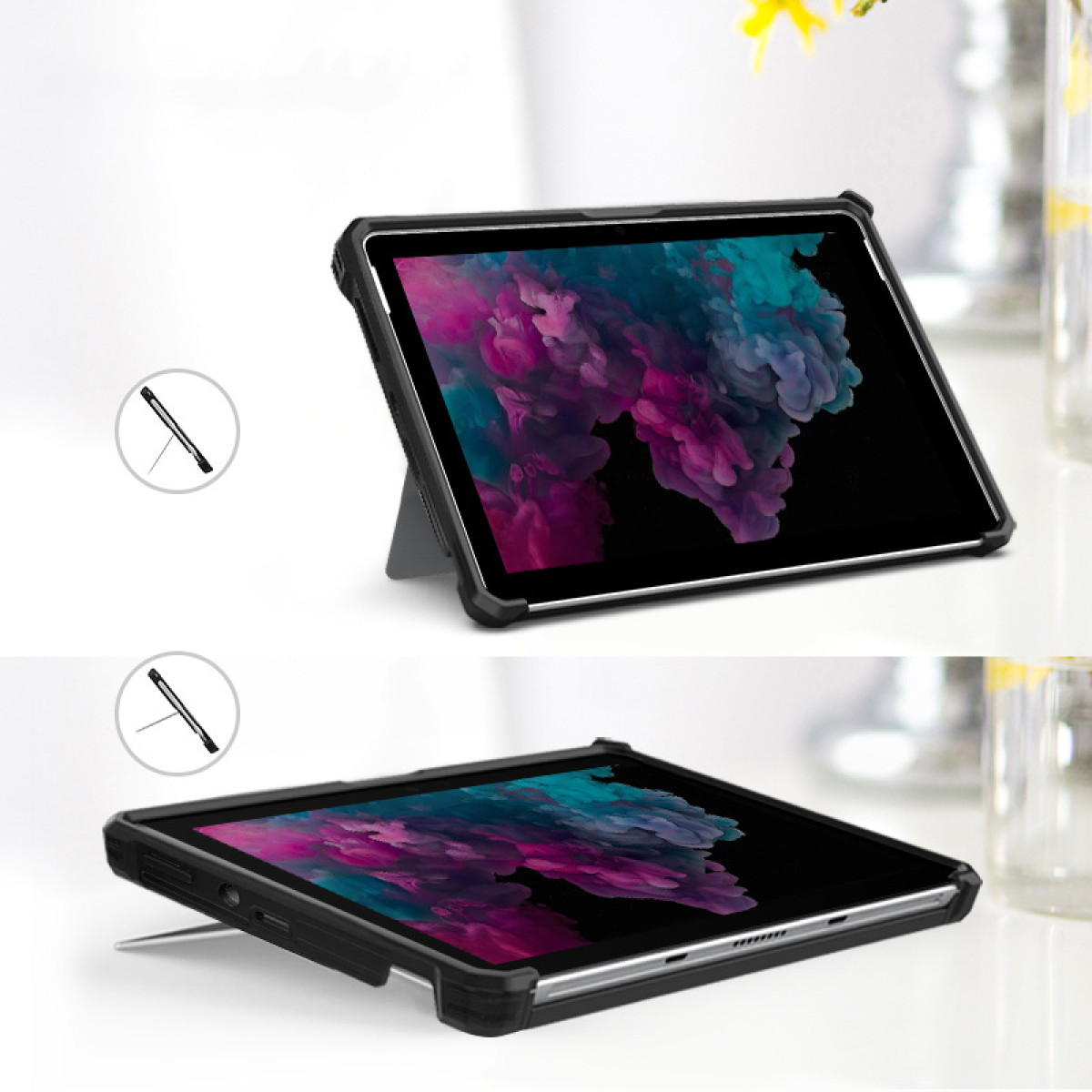 Tablet in una custodia protettiva, esposto su una superficie. Il tablet è sorretto da un supporto.