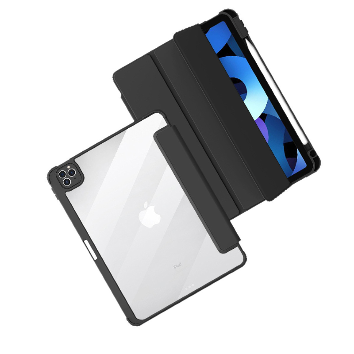 iPad in una custodia nera con retro trasparente e coperchio, ad angolo. Logo Apple visibile.