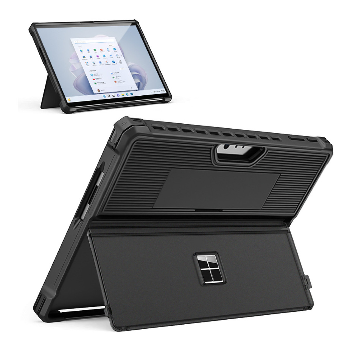 Custodia per tablet nera su sfondo bianco. Mostra il tablet con supporto e chiuso. Tablet aggiuntivo nell'angolo in alto a sinistra.