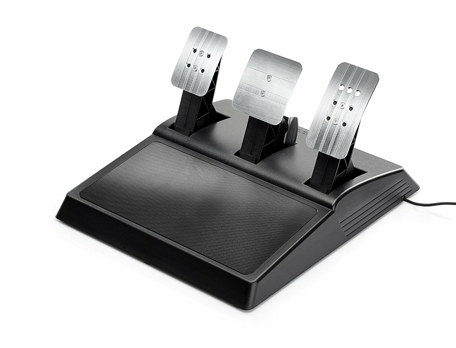 Pédales de jeu sur une base noire, avec trois pédales argentées. La base a une surface texturée.