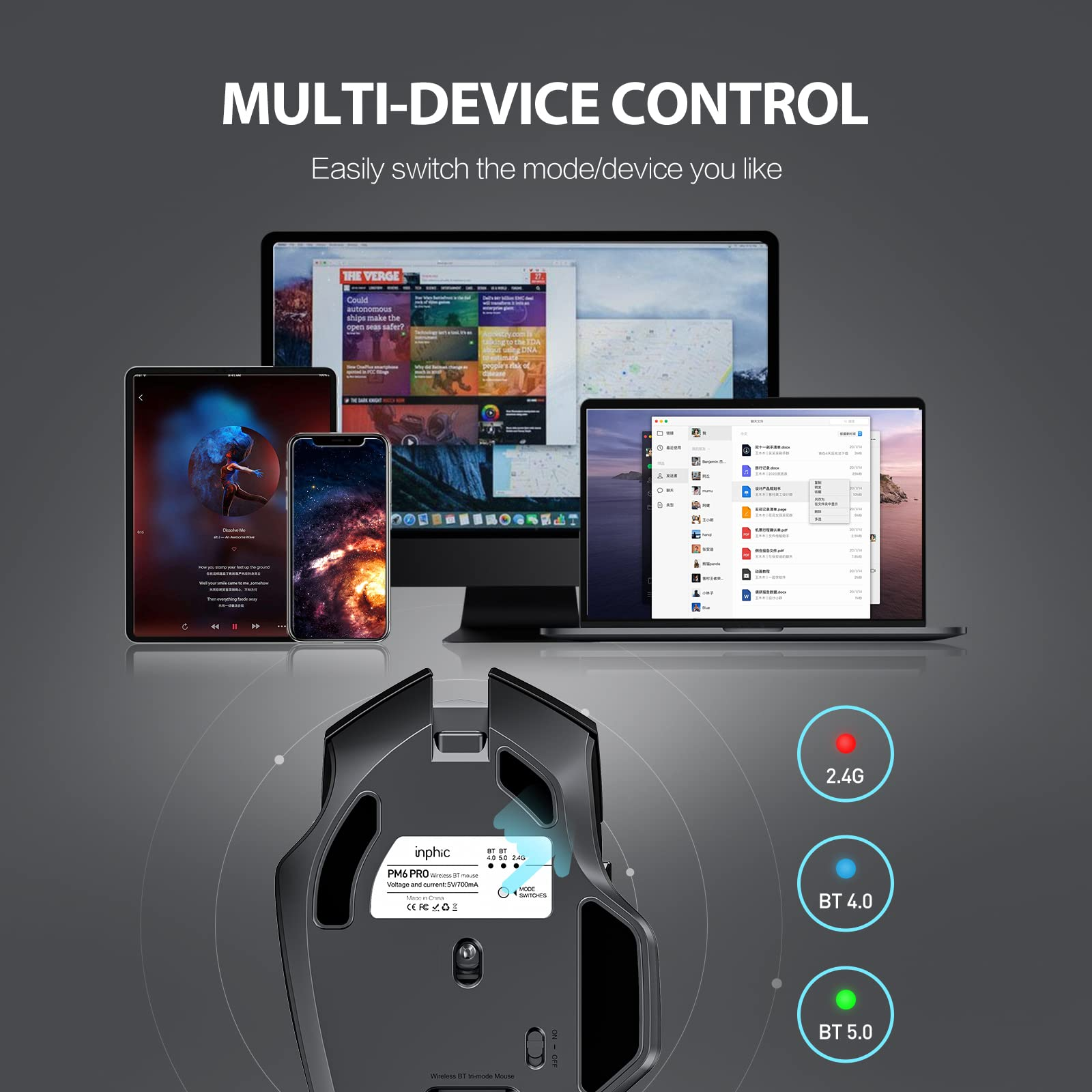 Bild einer Maus mit Multi-Device-Steuerungsoptionen und Verbindungsstatusanzeigen.