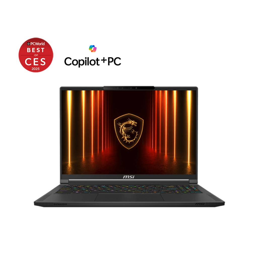 Laptop nero, aperto. Schermo mostra logo con fiamme arancioni e linee verticali. PCWorld Best of CES 2025.