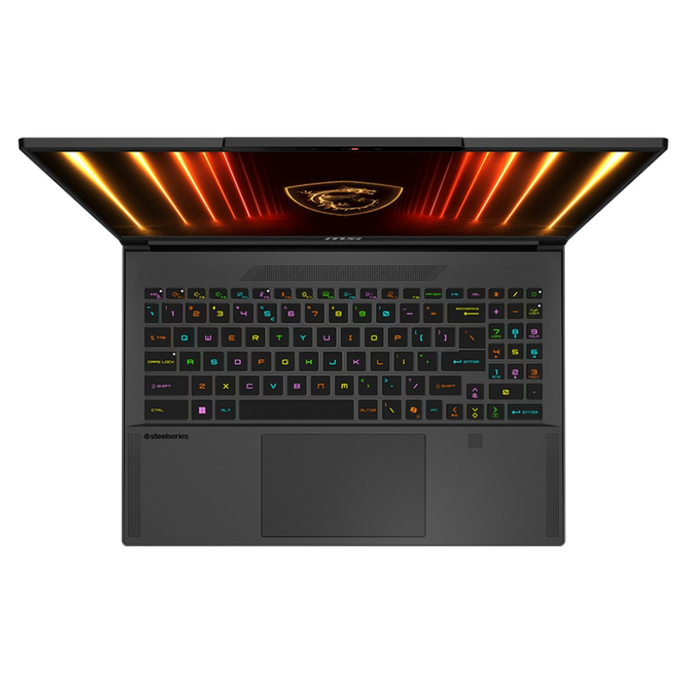 Laptop aperto che mostra tastiera e schermo con linee arancioni luminose. Il laptop è nero con un logo al centro dello schermo.