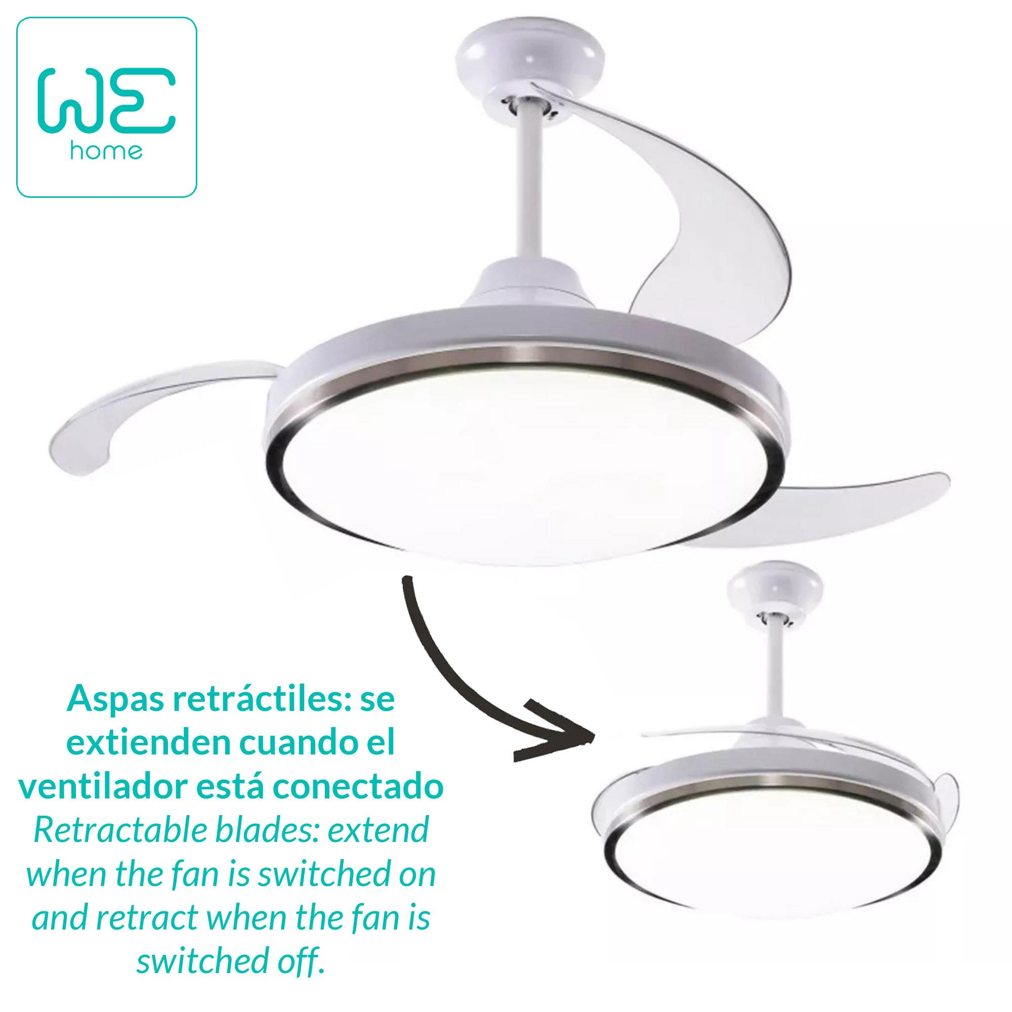 Ventilador de techo blanco con aspas retráctiles. Texto: Aspas retráctiles: se extienden al encenderse, se retraen al apagarse.