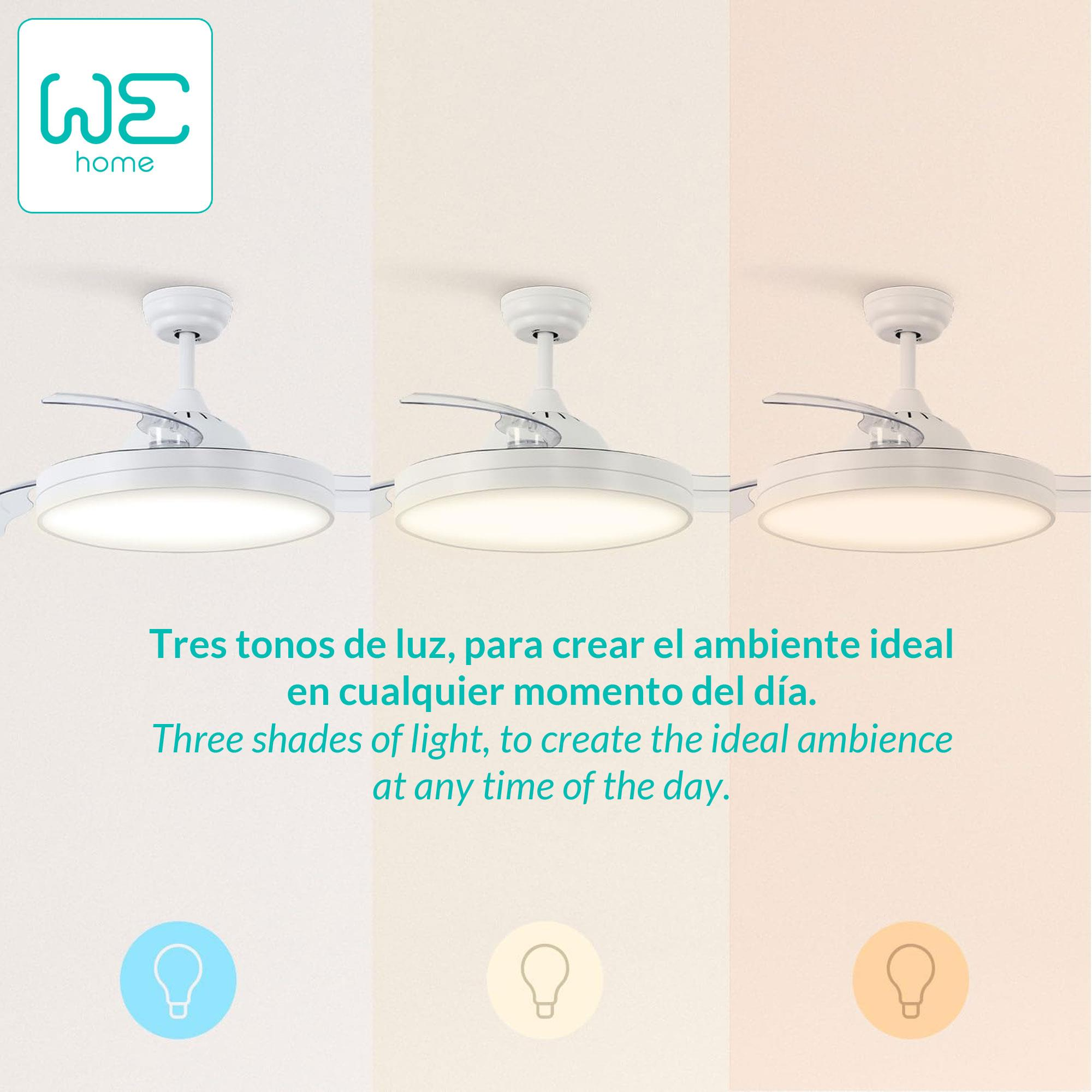 Tres ventiladores de techo con luces en diferentes temperaturas de color: frío, cálido y neutro, con texto en español e inglés.