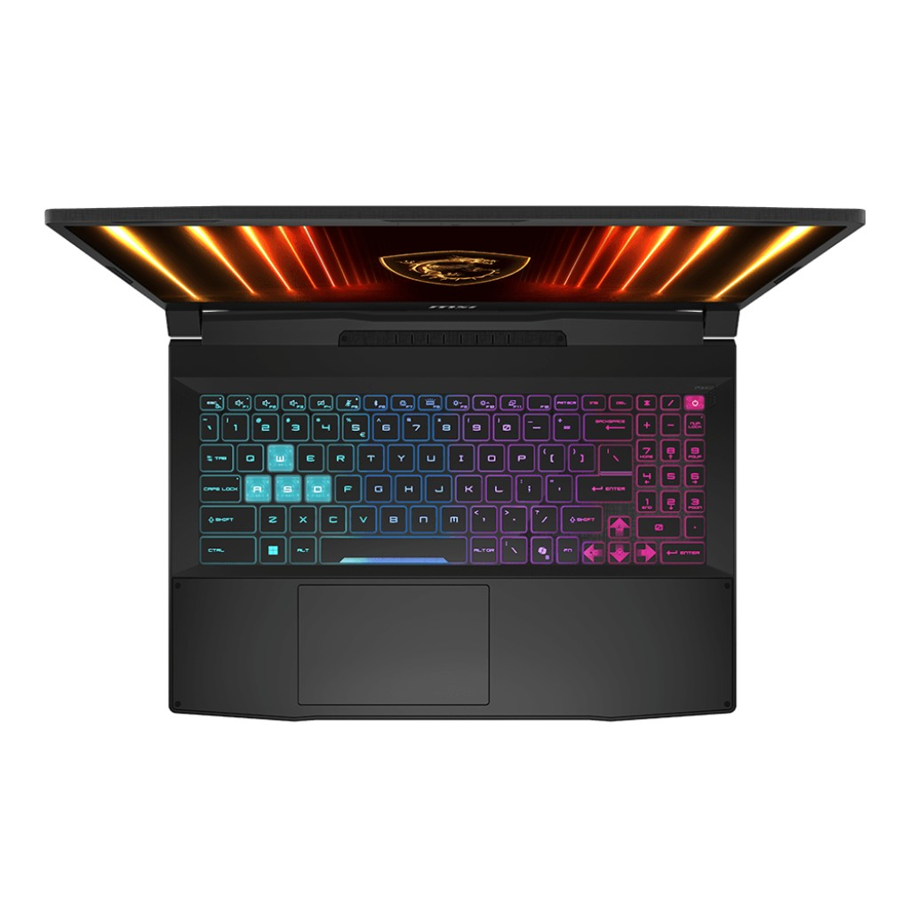 Laptop nero aperto, che mostra la tastiera colorata. Lo sfondo è bianco.