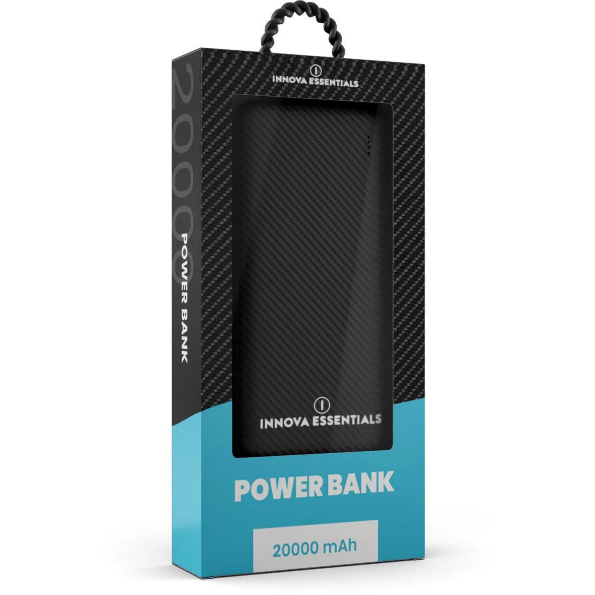 Eine Powerbank in einer Schachtel mit schwarzer, strukturierter Oberfläche. Die Schachtel ist blau und schwarz, mit dem Markennamen.