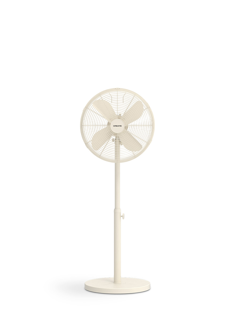 Un ventilador de pie color crema sobre fondo blanco. El ventilador está apagado.