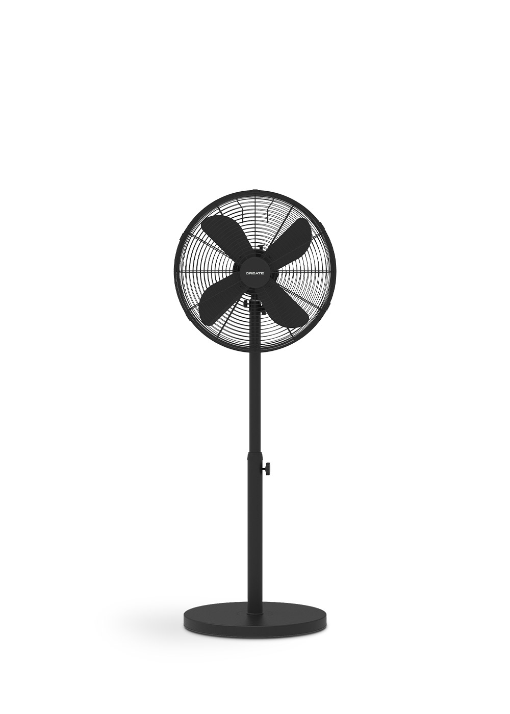 Un ventilador de pie negro sobre fondo blanco. El ventilador tiene base y cabezal redondos.