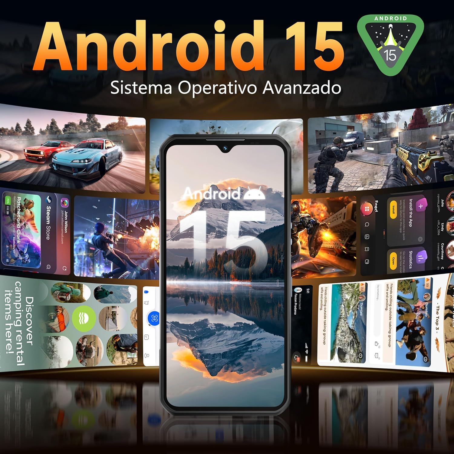 Android 15-Telefon mit angezeigten App-Bildschirmen. Der Hintergrund zeigt Spiele und Naturbilder.