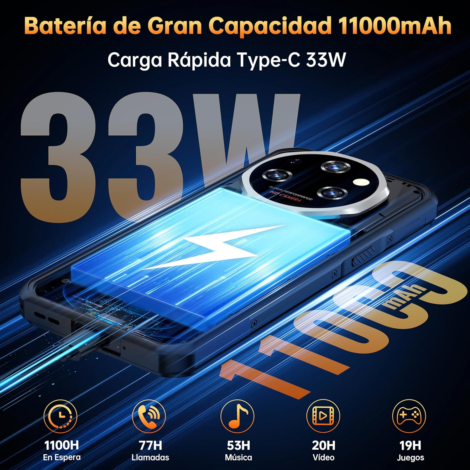 Smartphone zeigt Akkulaufzeit und Schnellladung. 11000mAh Akku und 33W Typ-C Schnellladung.
