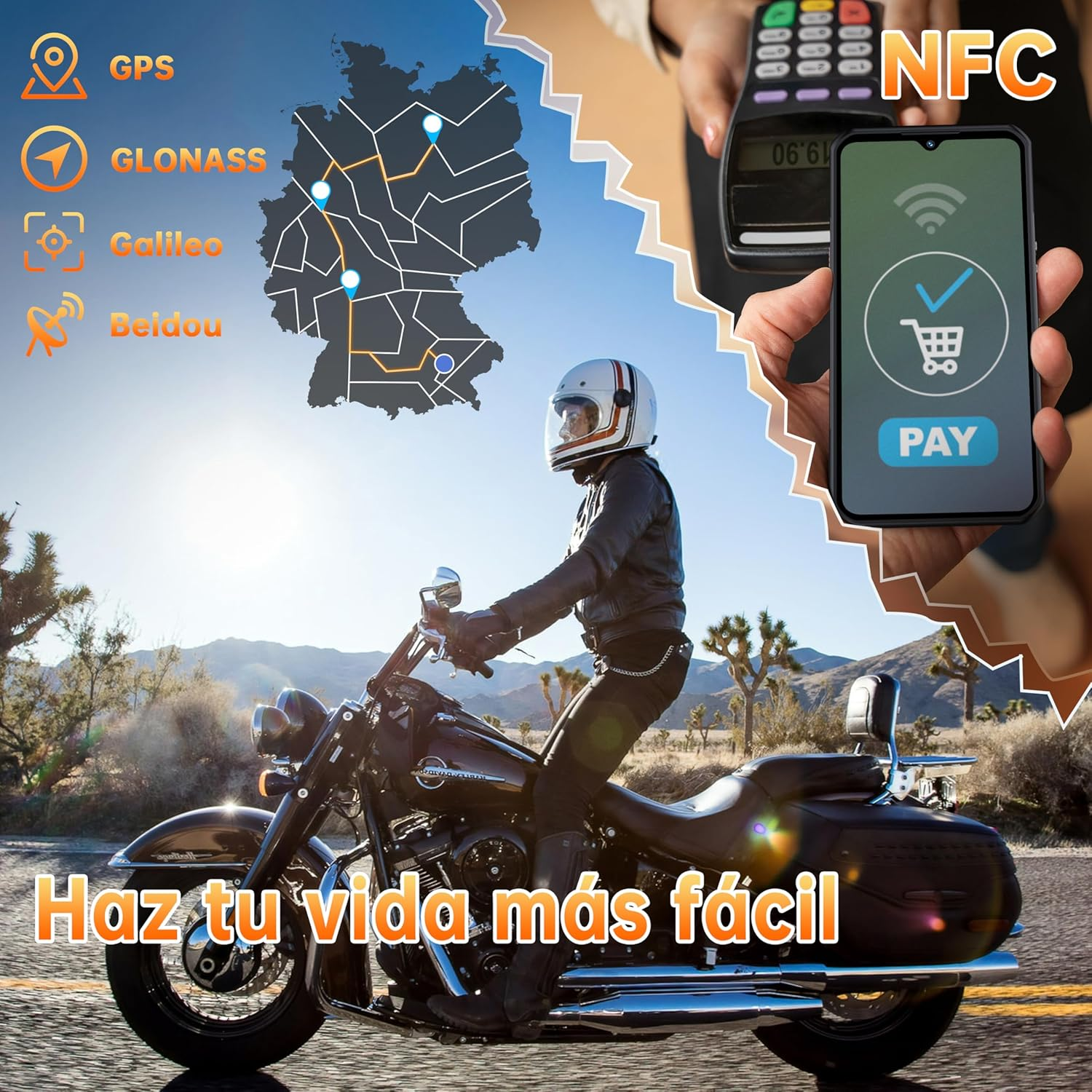 Biker fährt Motorrad, Telefon vor Zahlungsterminal. GPS, GLONASS, Galileo und Beidou werden gezeigt.