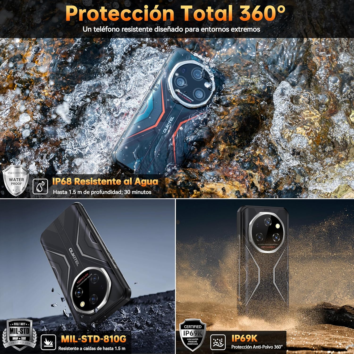 Smartphone im Wasser mit IP68- und IP69K-Bewertung sowie MIL-STD-810G-Zertifizierung. Zeigt robustes Design.