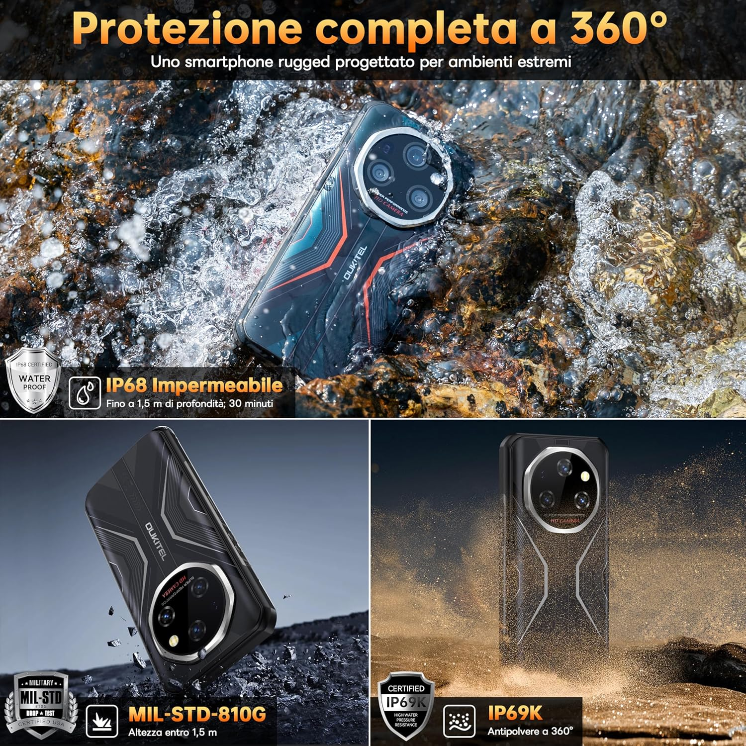 Smartphone im Wasser, robustes Design. Wasserdicht IP68, zertifiziert nach MIL-STD-810G, IP69K.
