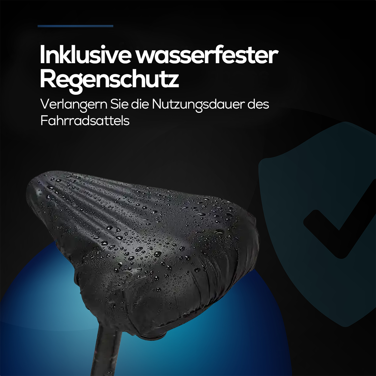 Schwarzer Fahrradsattel mit Wassertropfen. Text: 'Inklusive wasserfester Regenschutz' und ein Haken.