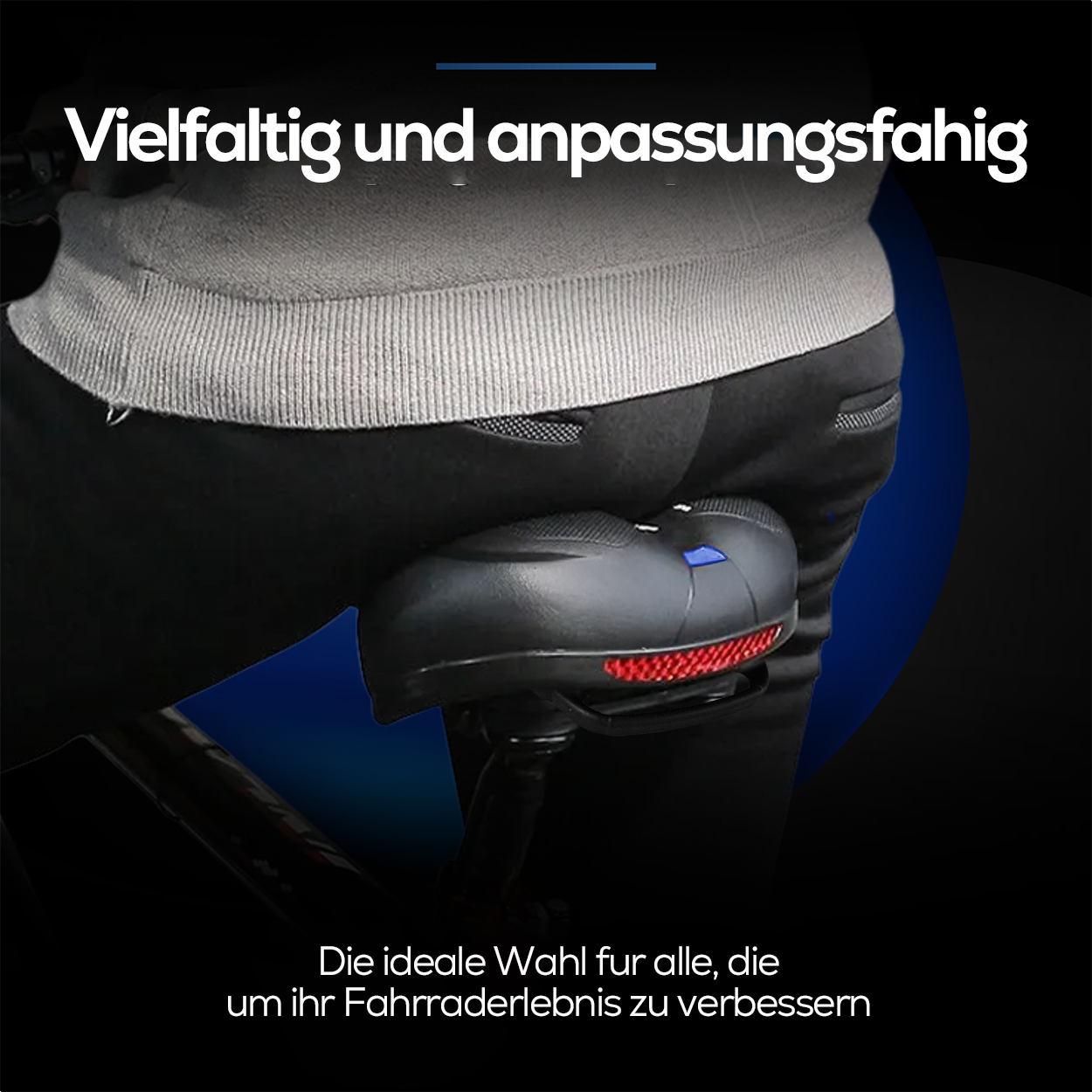 Eine Person auf einem Fahrrad mit schwarzem Sattel, Text: 'Die ideale Wahl fur alle...'
