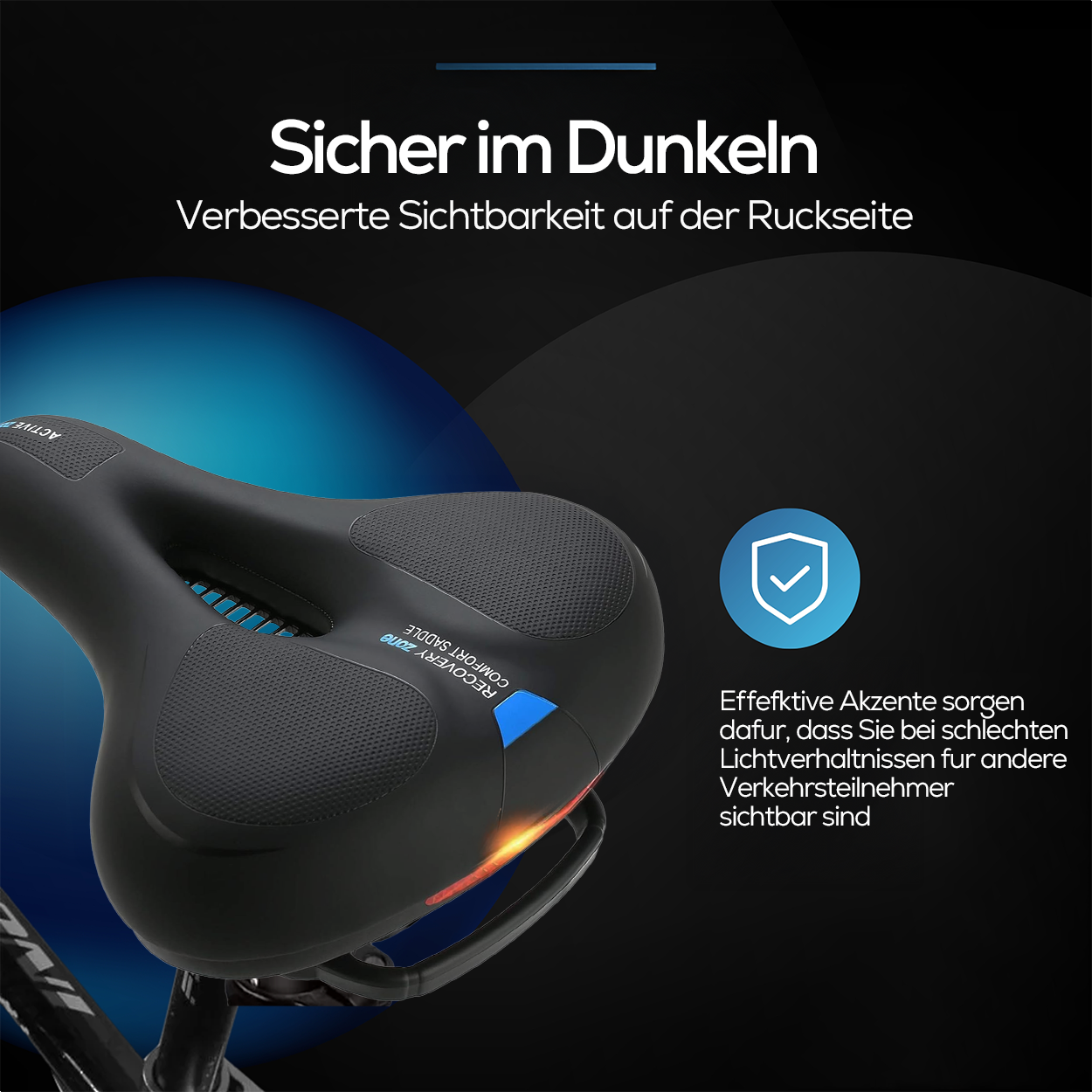 Fahrradsattel mit schwarzem Design, Text: 'Sicher im Dunkeln' und ein blaues Häkchen.