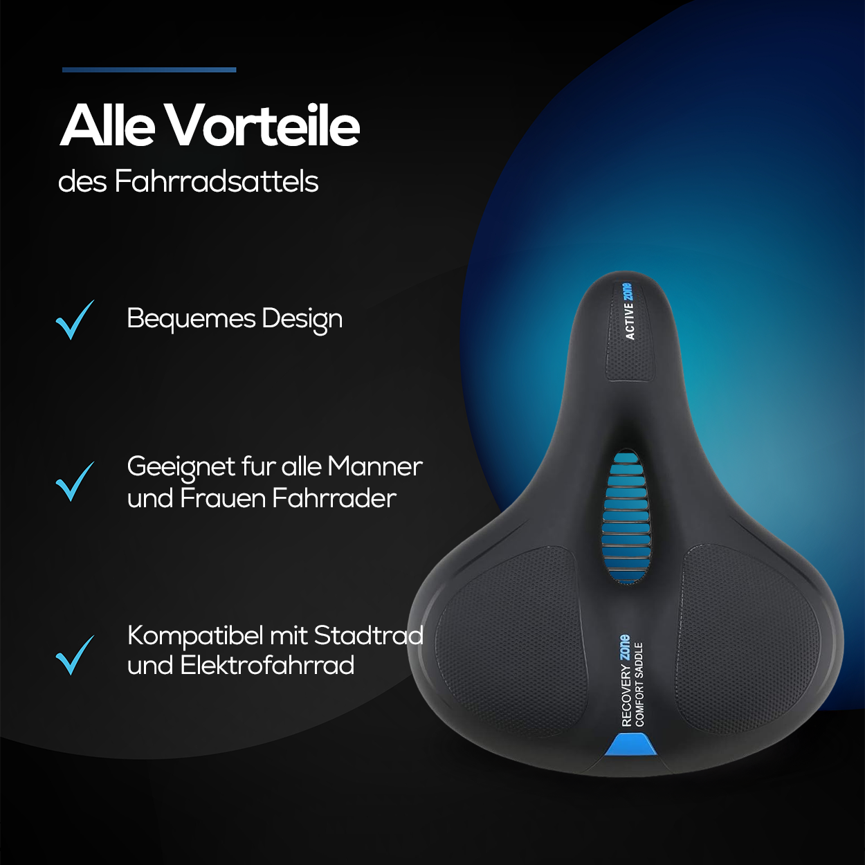 Schwarzer Fahrradsattel mit blauem Text. Text auf Deutsch listet Vorteile auf: bequemes Design, für alle Fahrer geeignet, kompatibel mit Fahrrädern.
