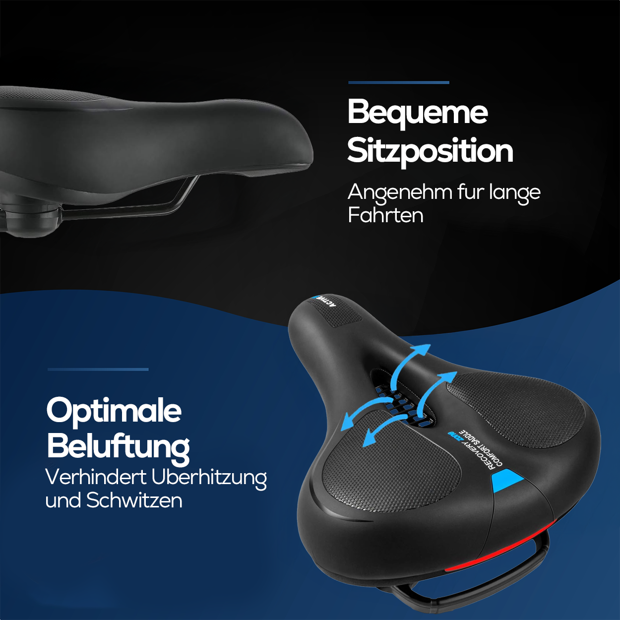 Fahrradsattel, zeigt Ober- und Unteransicht, Text: 'Optimale Belüftung' und 'Bequeme Sitzposition'.